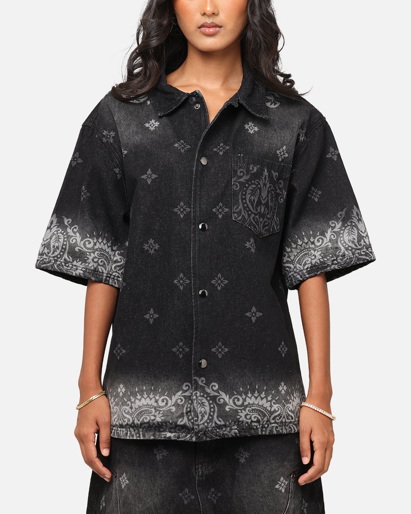Criminal Damage Laser Print Denim Button Up Shirt Washed Black Style001