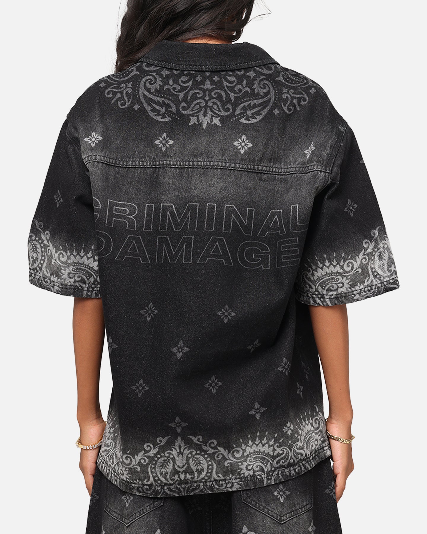 Criminal Damage Laser Print Denim Button Up Shirt Washed Black Style001