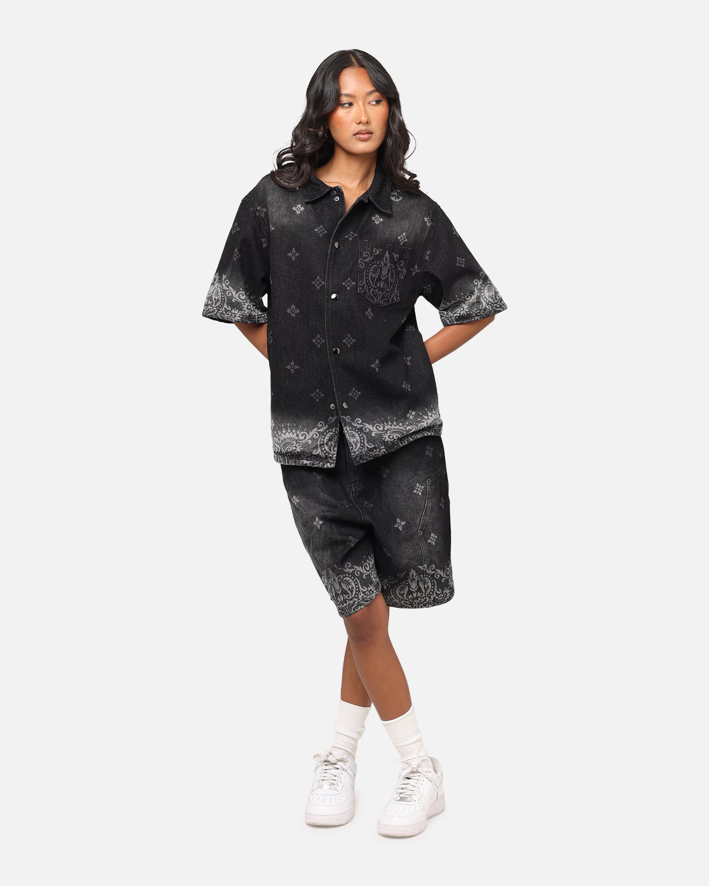 Criminal Damage Laser Print Denim Button Up Shirt Washed Black Style001