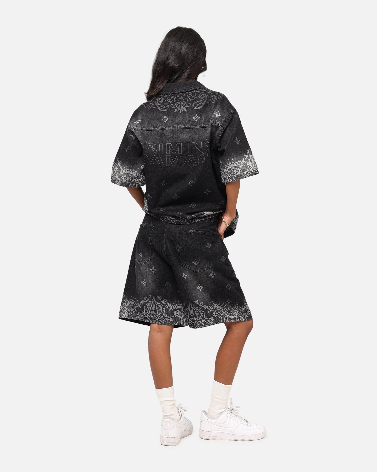 Criminal Damage Laser Print Denim Button Up Shirt Washed Black Style001