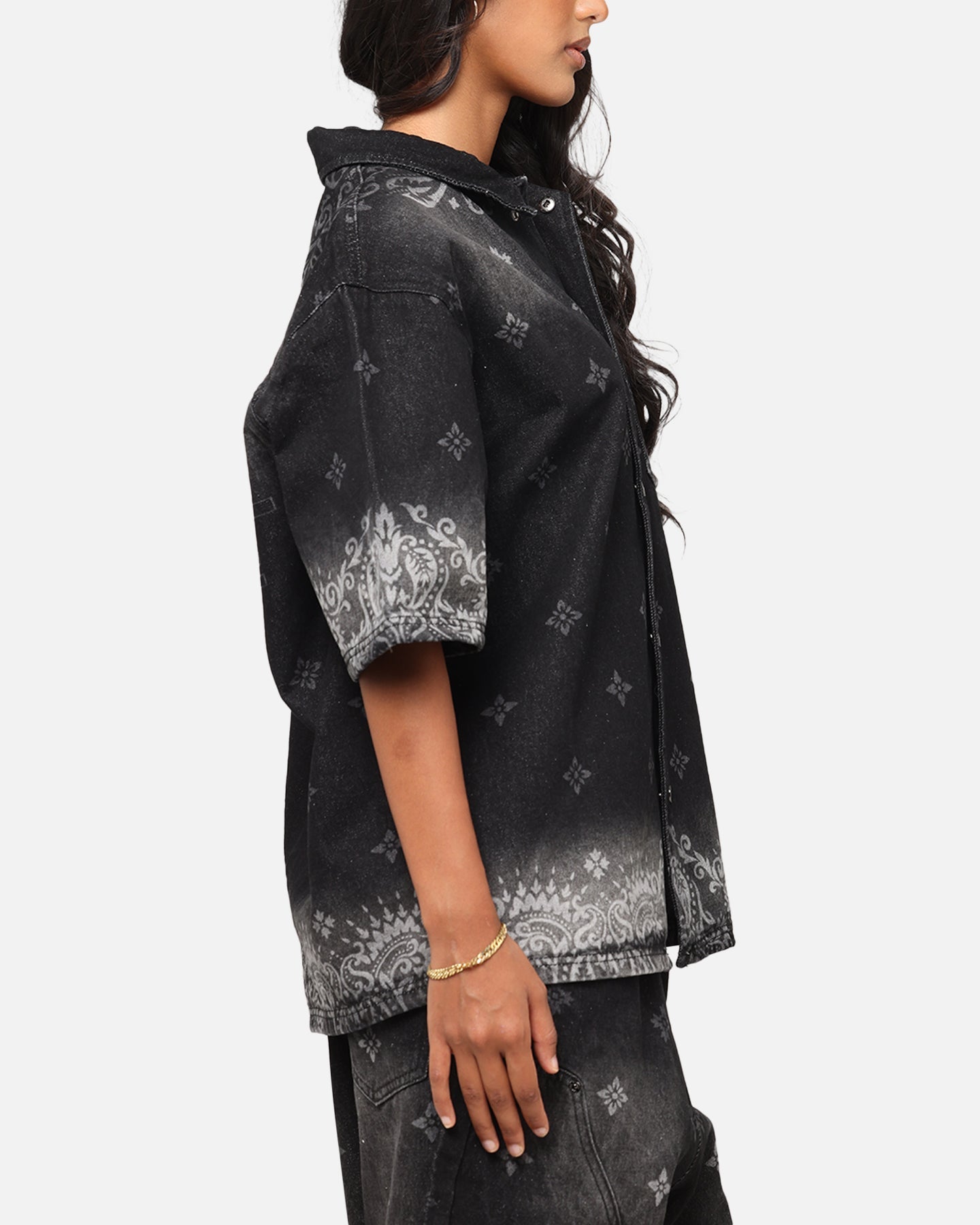 Criminal Damage Laser Print Denim Button Up Shirt Washed Black Style001