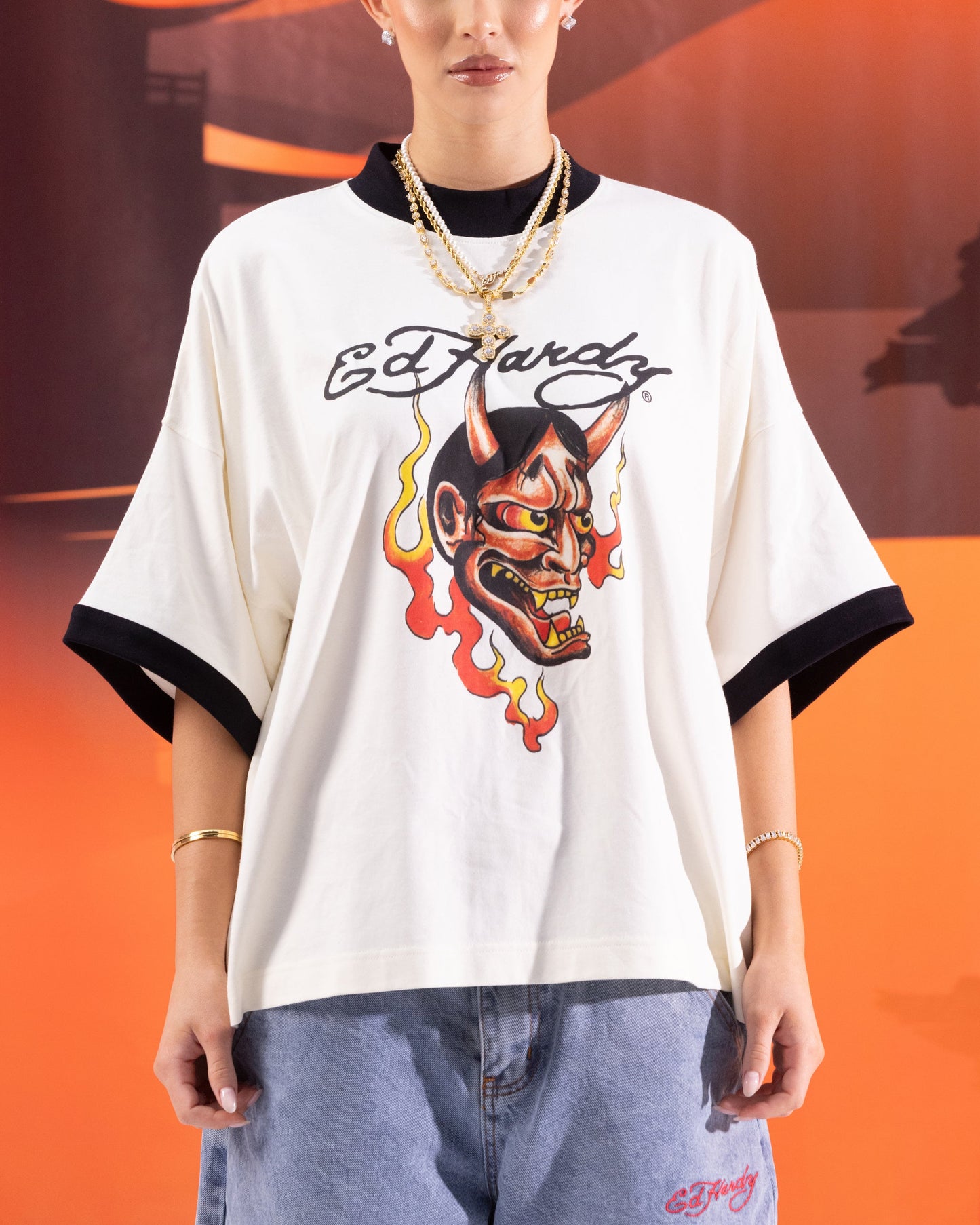 Ed Hardy Devil Ringer T-Shirt Off White Style001