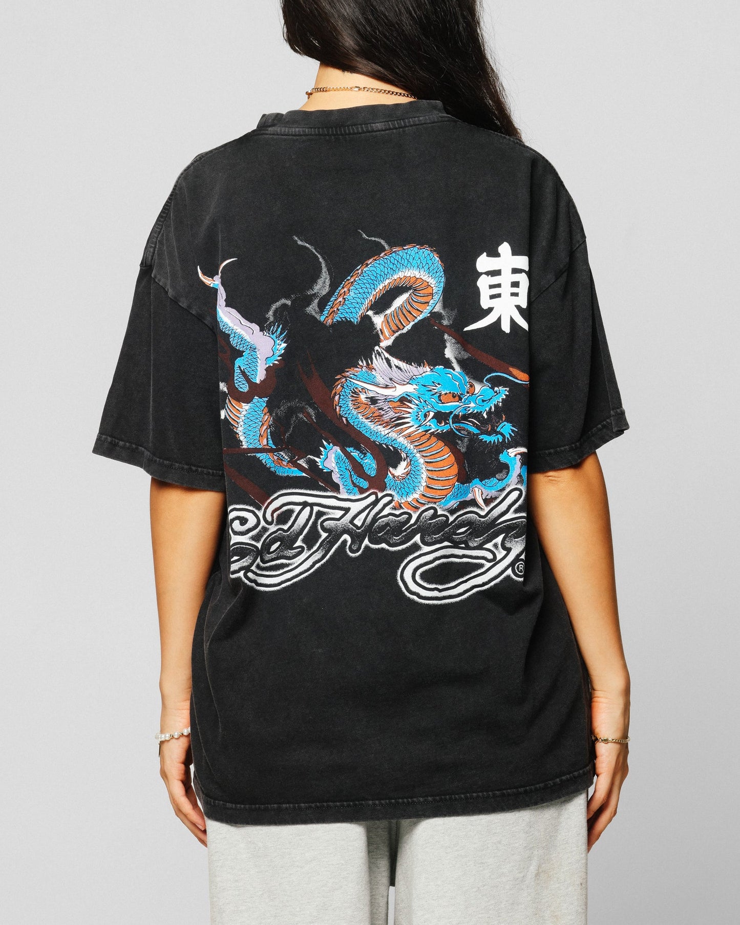 Ed Hardy Dragon Chest T-Shirt Black Acidwash Style001