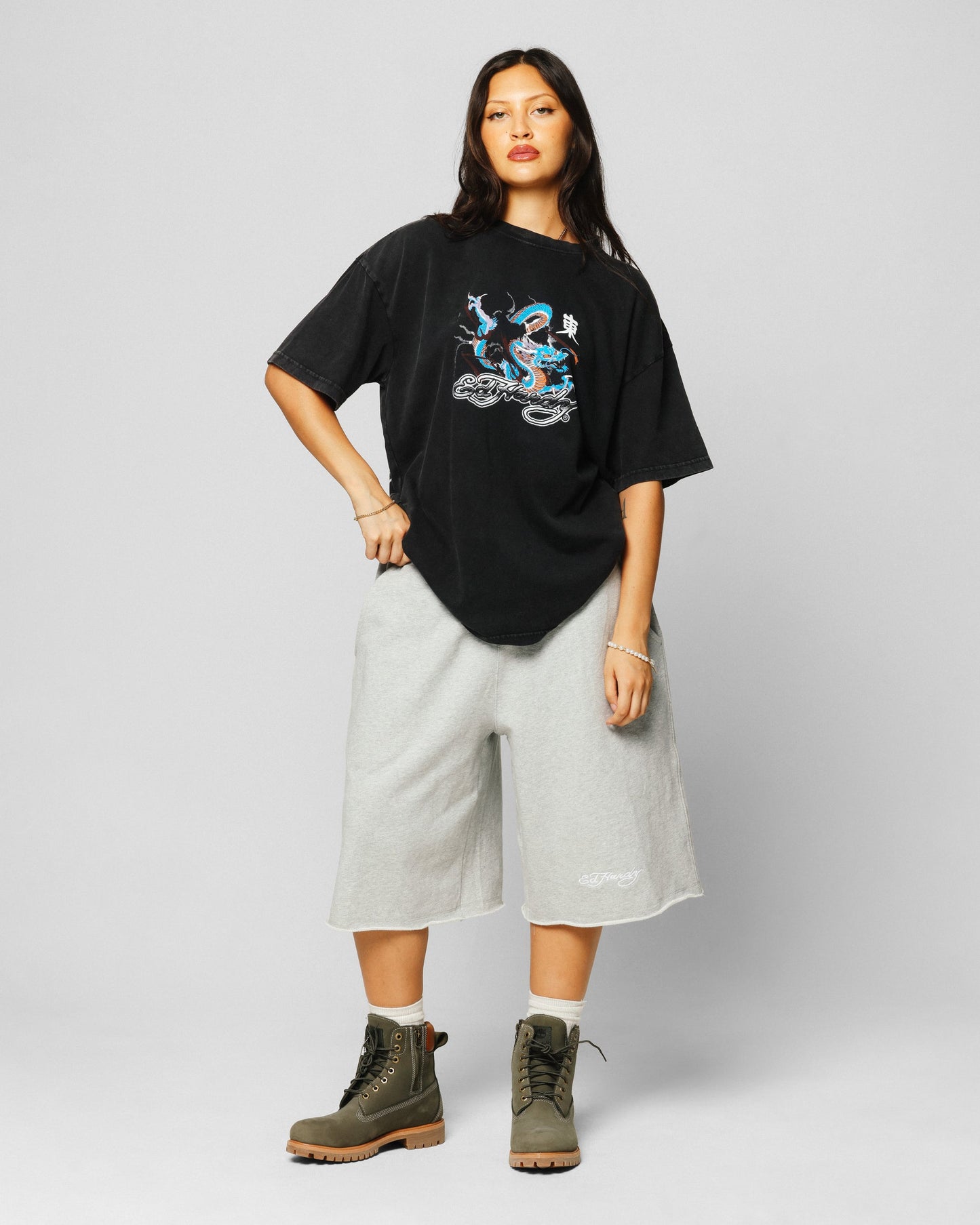 Ed Hardy Dragon Chest T-Shirt Black Acidwash Style001