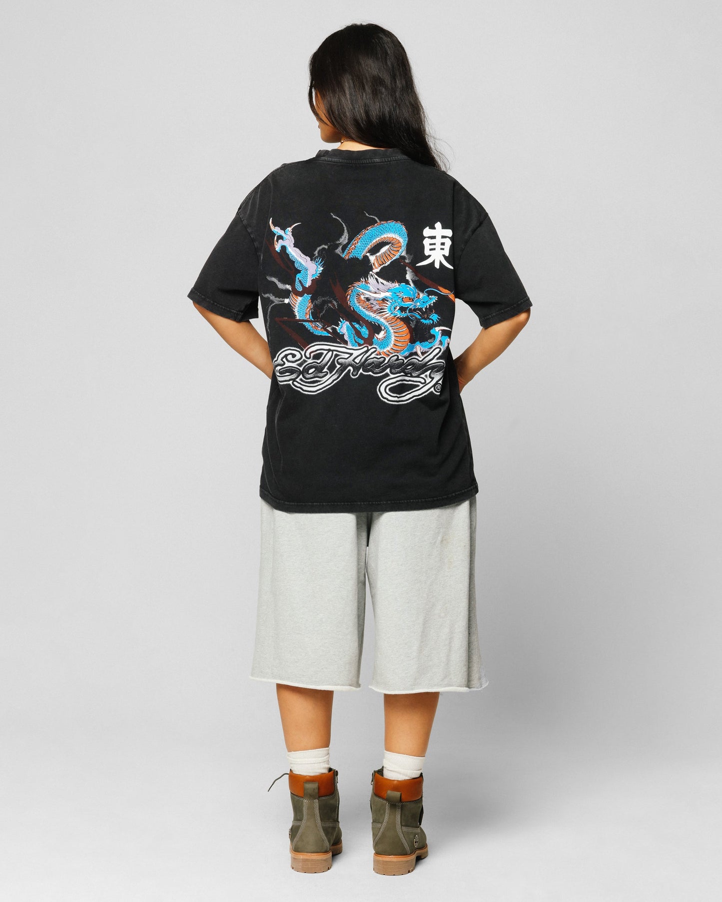 Ed Hardy Dragon Chest T-Shirt Black Acidwash Style001