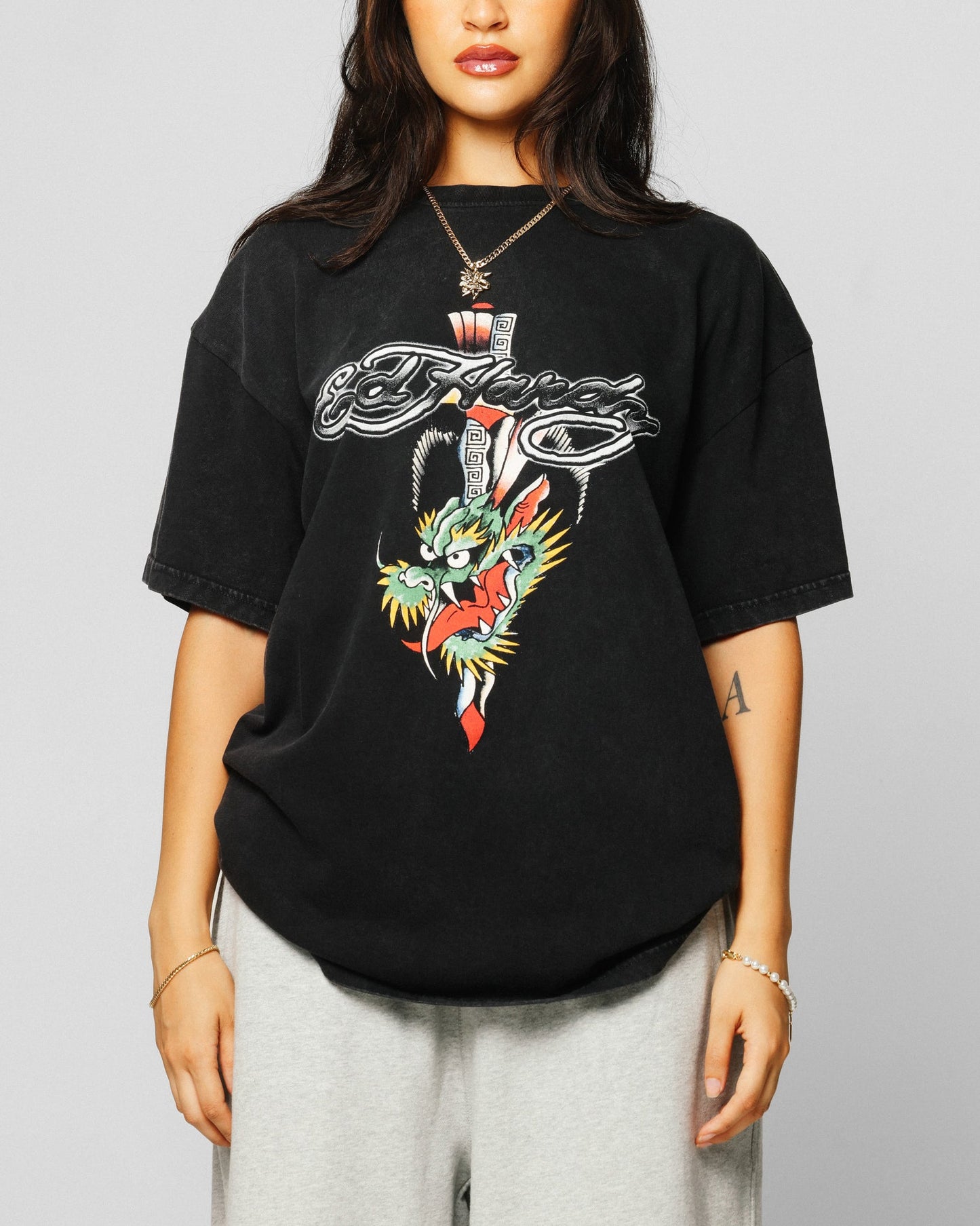 Ed Hardy Dragon Logo T-Shirt Black Acidwash Style001