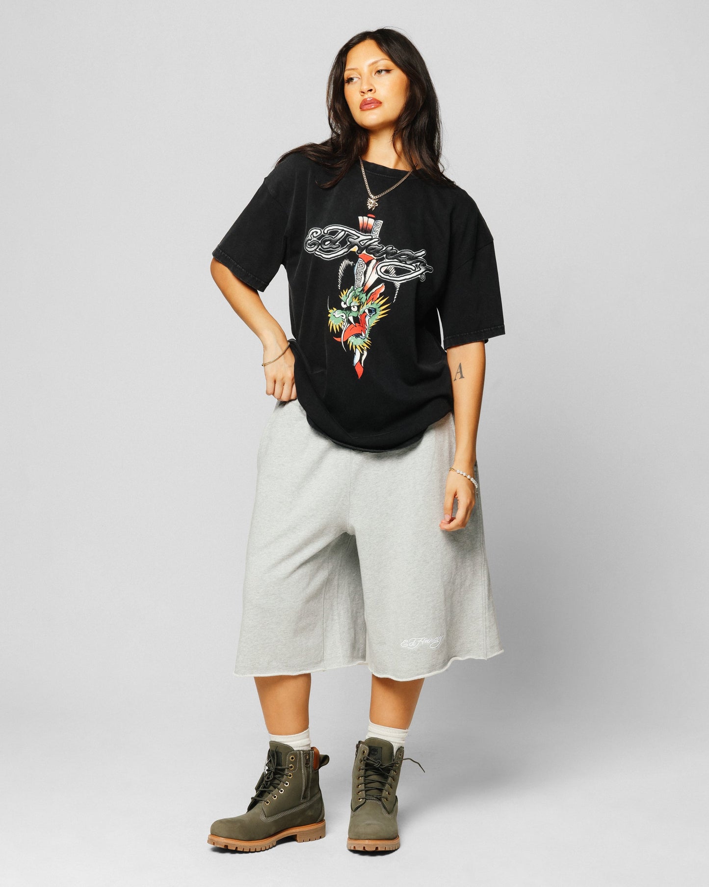 Ed Hardy Dragon Logo T-Shirt Black Acidwash Style001
