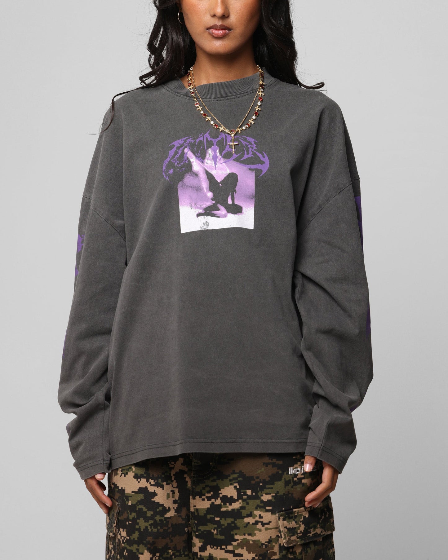 Loiter Angel Number Long Sleeve T-Shirt Charcoal Style001