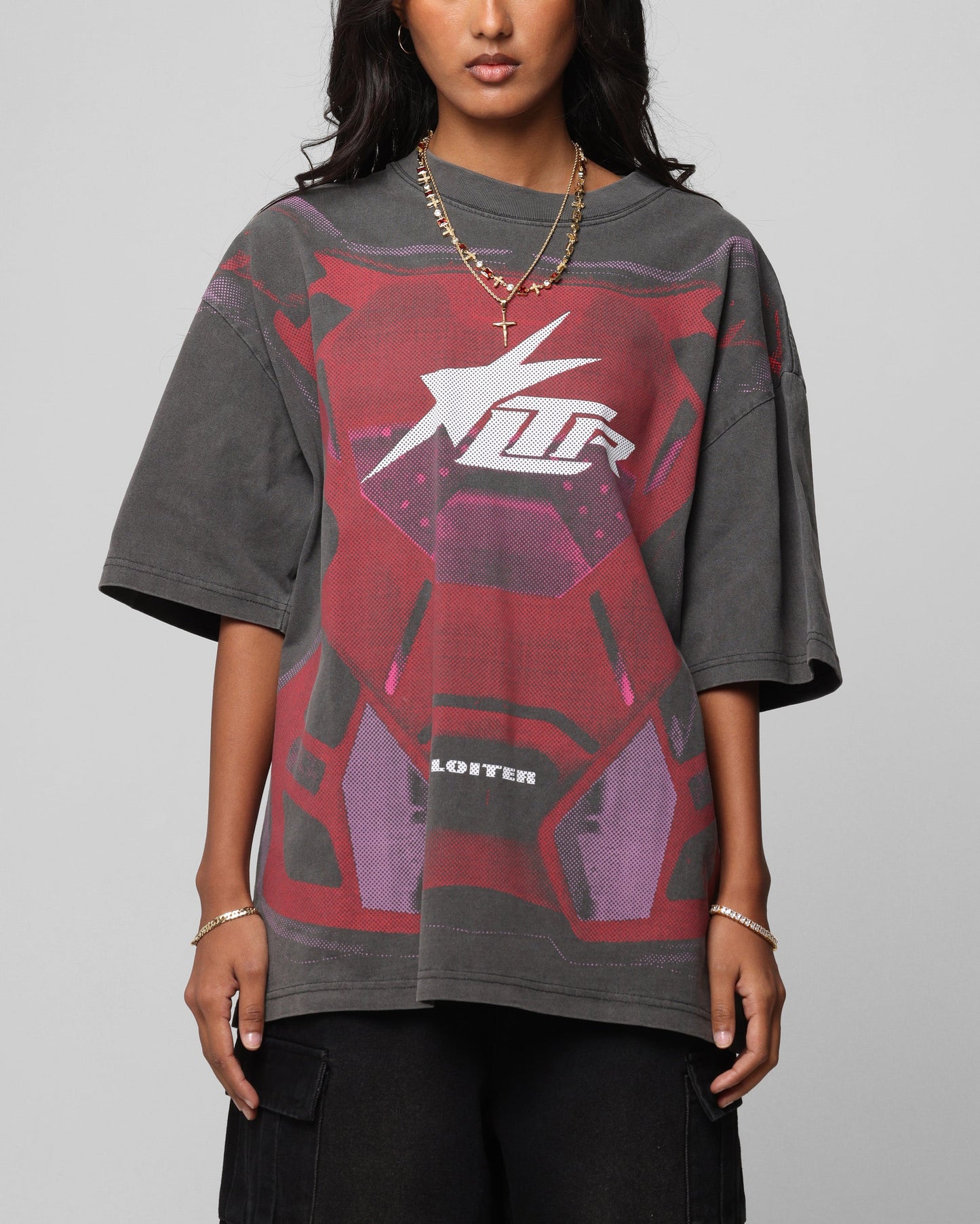 Loiter Motocross Vintage T-Shirt Charcoal/Red Style001