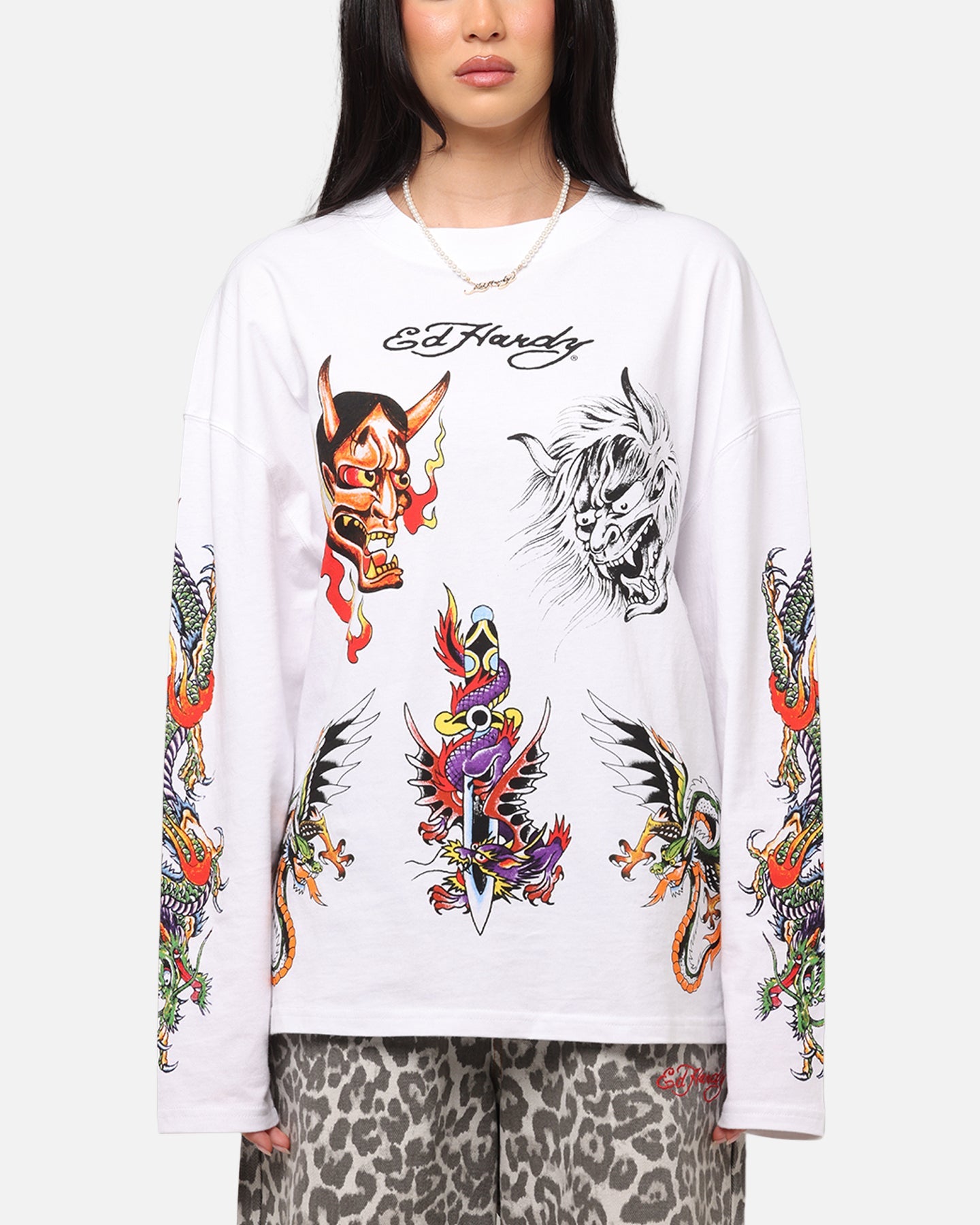Ed Hardy Ed's Tattooing Long Sleeve T-Shirt Off White Style001
