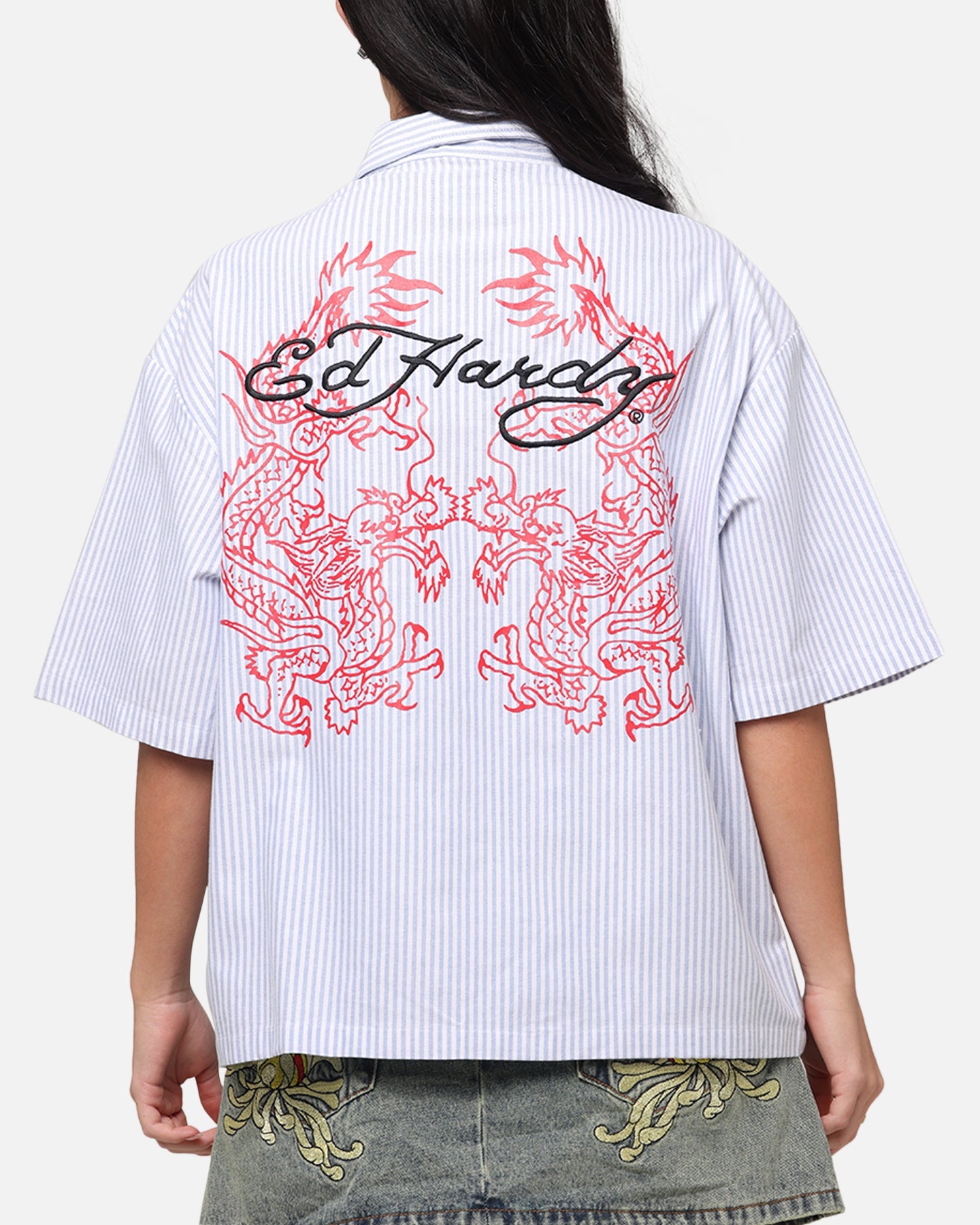 Ed Hardy Dragon Zip Shirt Blue Pin Stripe Style001
