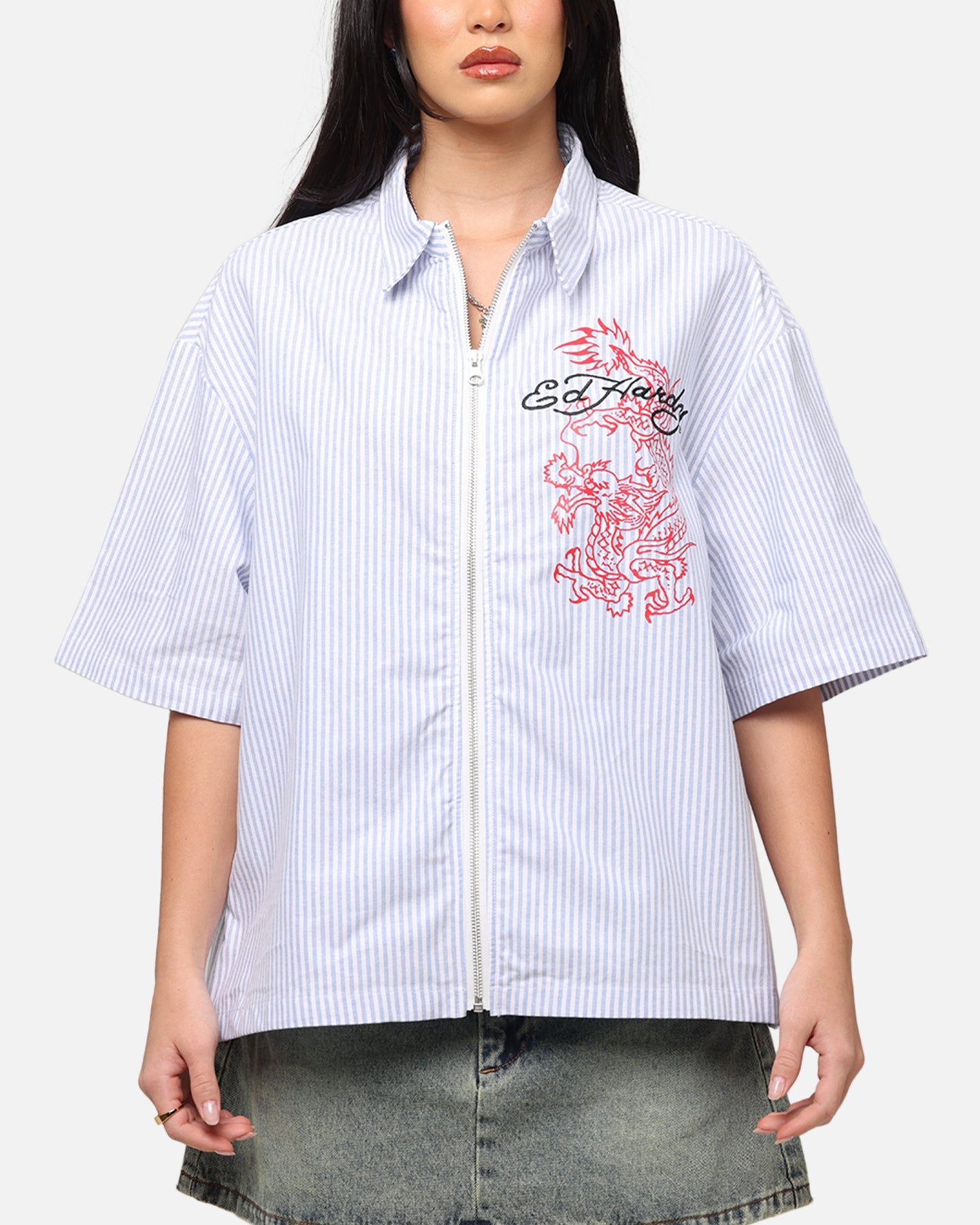Ed Hardy Dragon Zip Shirt Blue Pin Stripe Style001