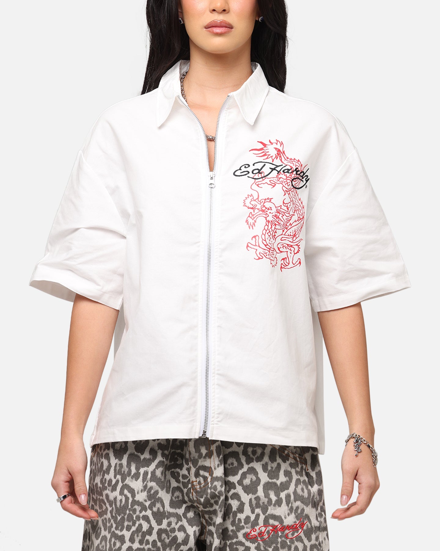 Ed Hardy Dragon Zip Shirt Off White Style001