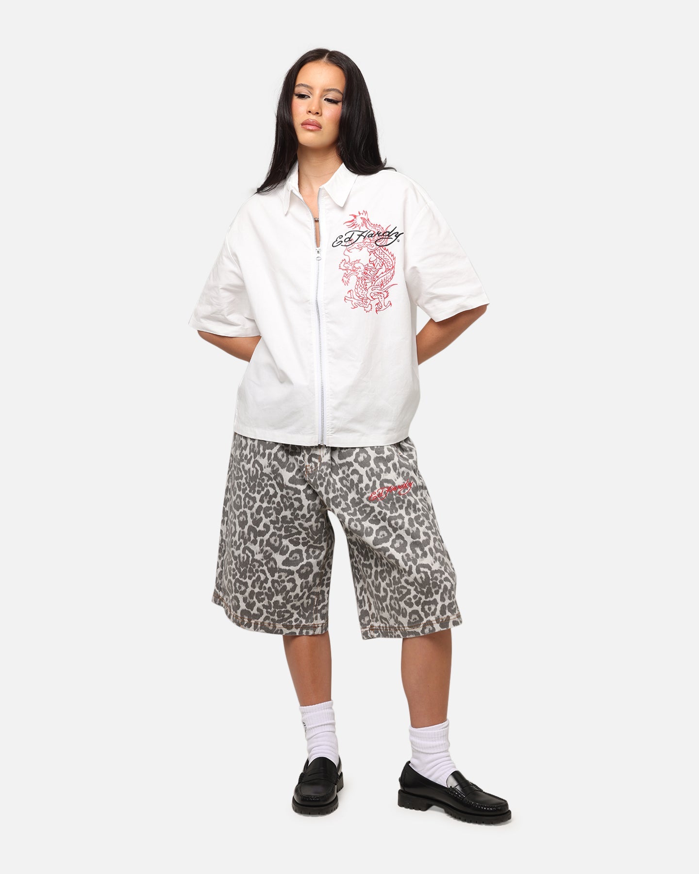 Ed Hardy Dragon Zip Shirt Off White Style001