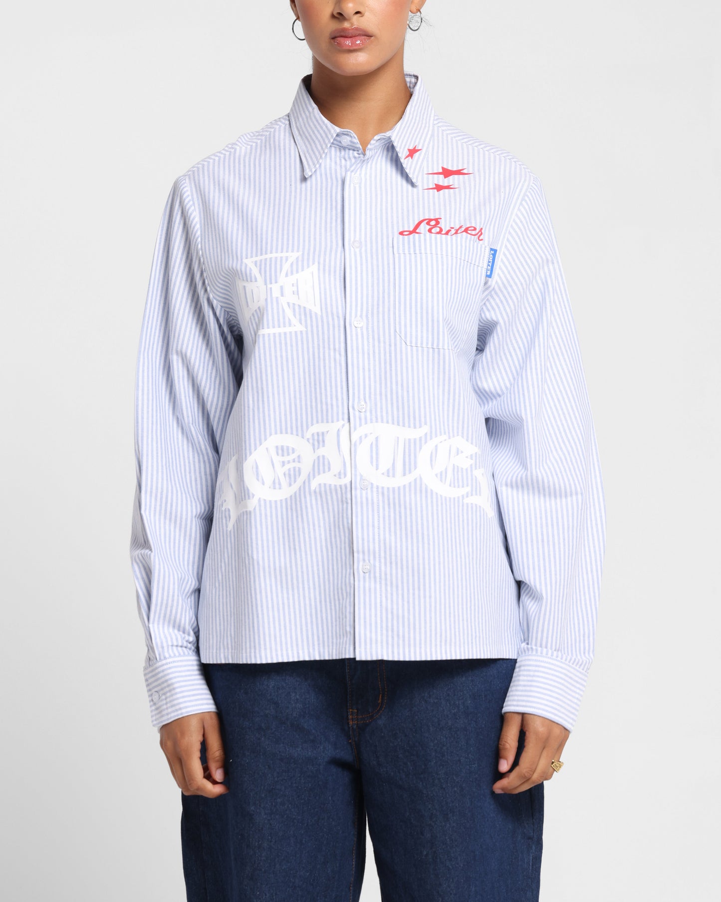 Loiter Chopper Long Sleeve Shirt Blue/White Style001