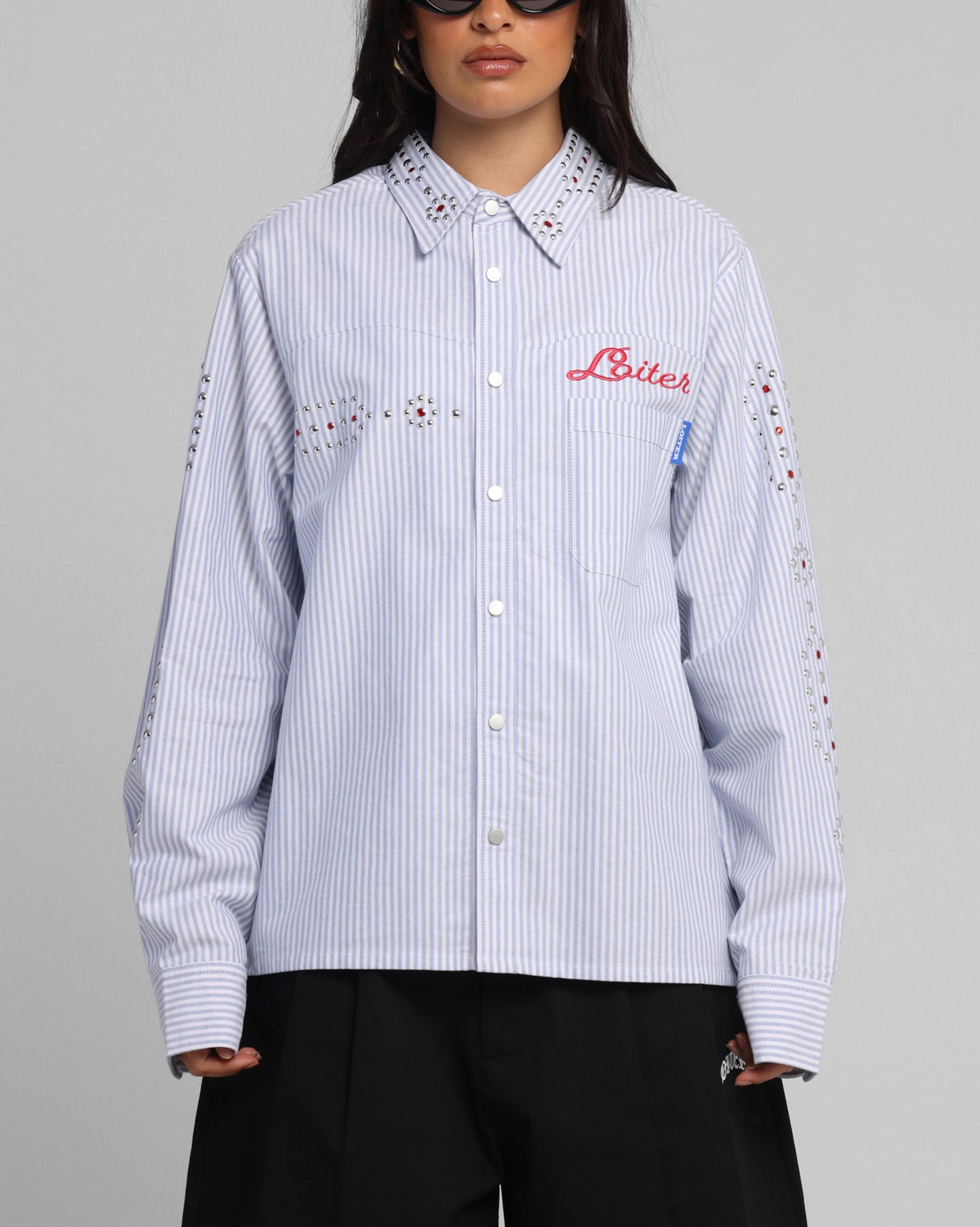 Loiter Western Long Sleeve Button Up Shirt Blue/White Style001