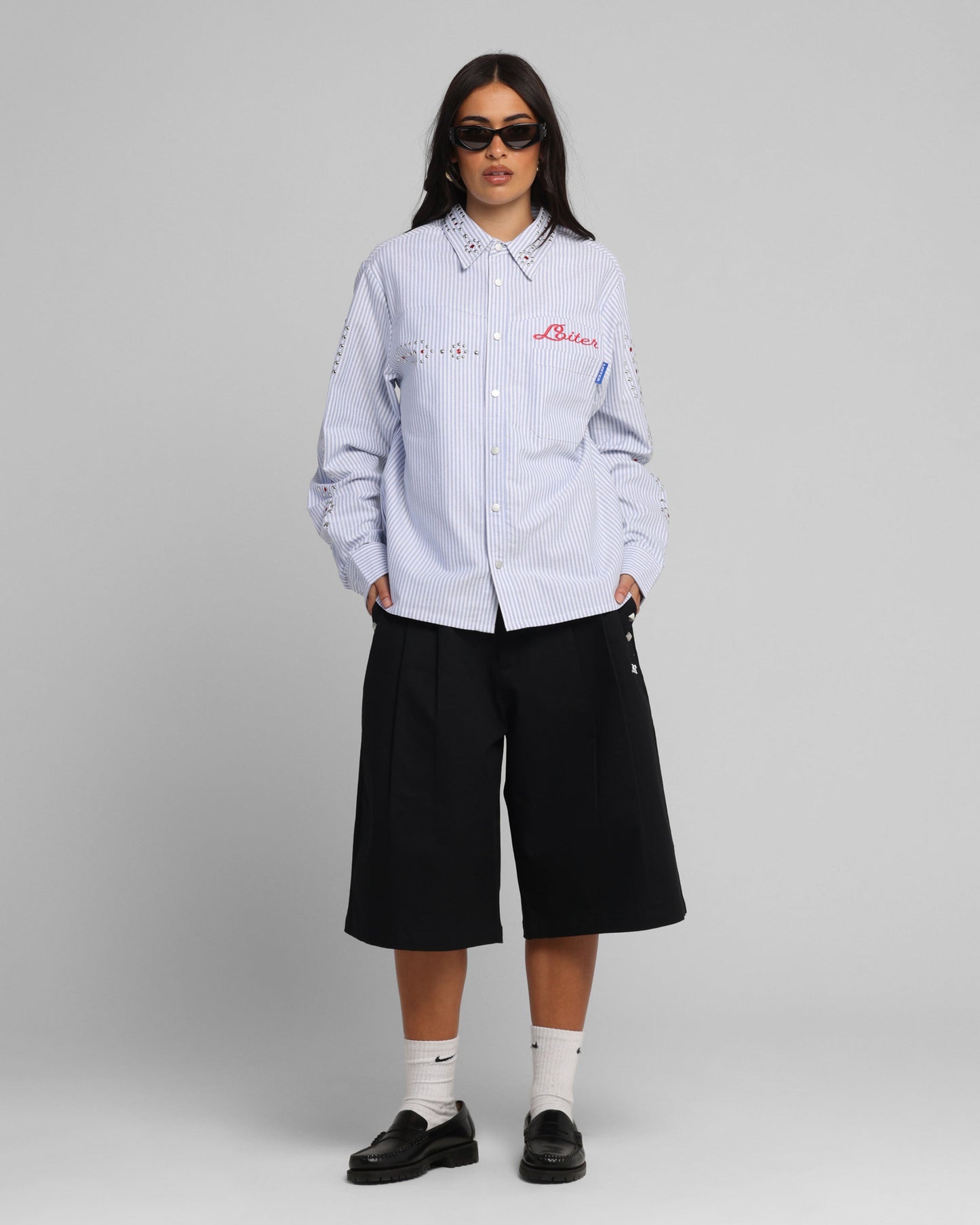 Loiter Western Long Sleeve Button Up Shirt Blue/White Style001