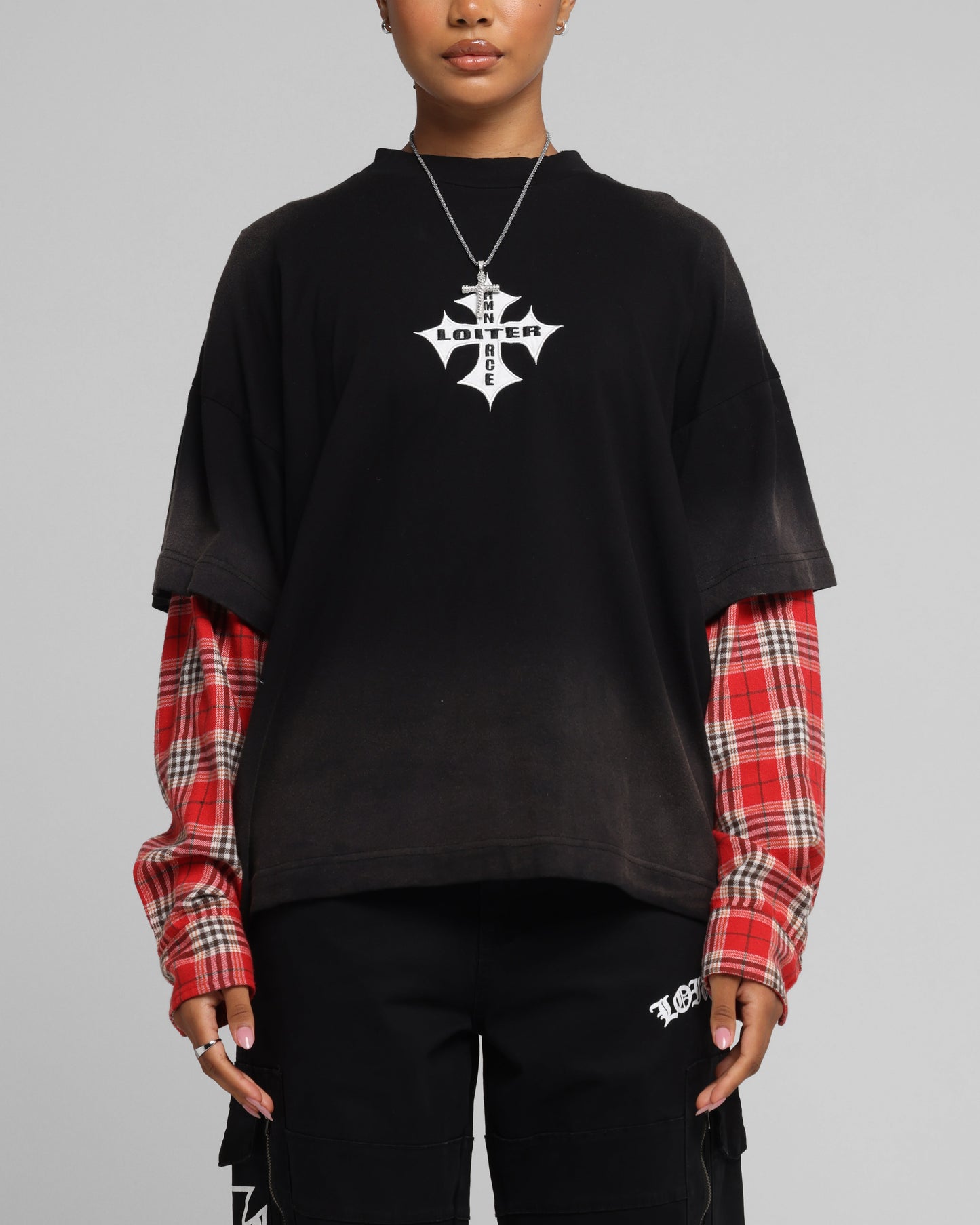 Loiter Layered Flannel T-Shirt Black/Red Style001