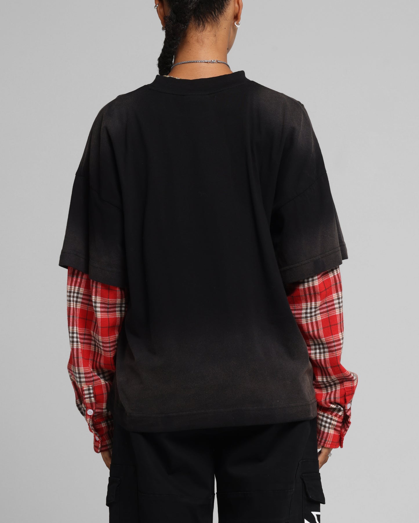 Loiter Layered Flannel T-Shirt Black/Red Style001