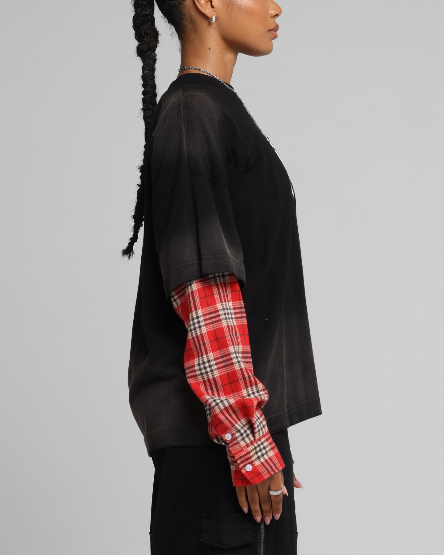 Loiter Layered Flannel T-Shirt Black/Red Style001