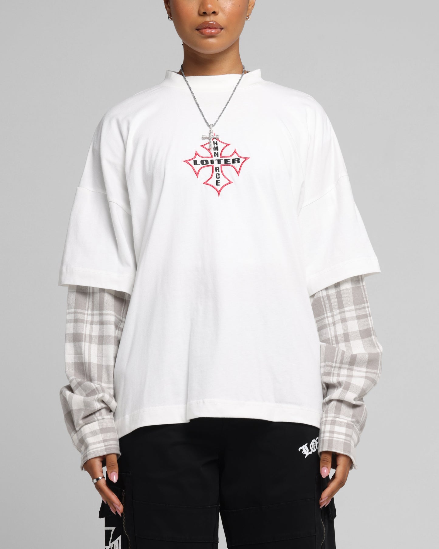 Loiter Layered Flannel T-Shirt Cream Style001