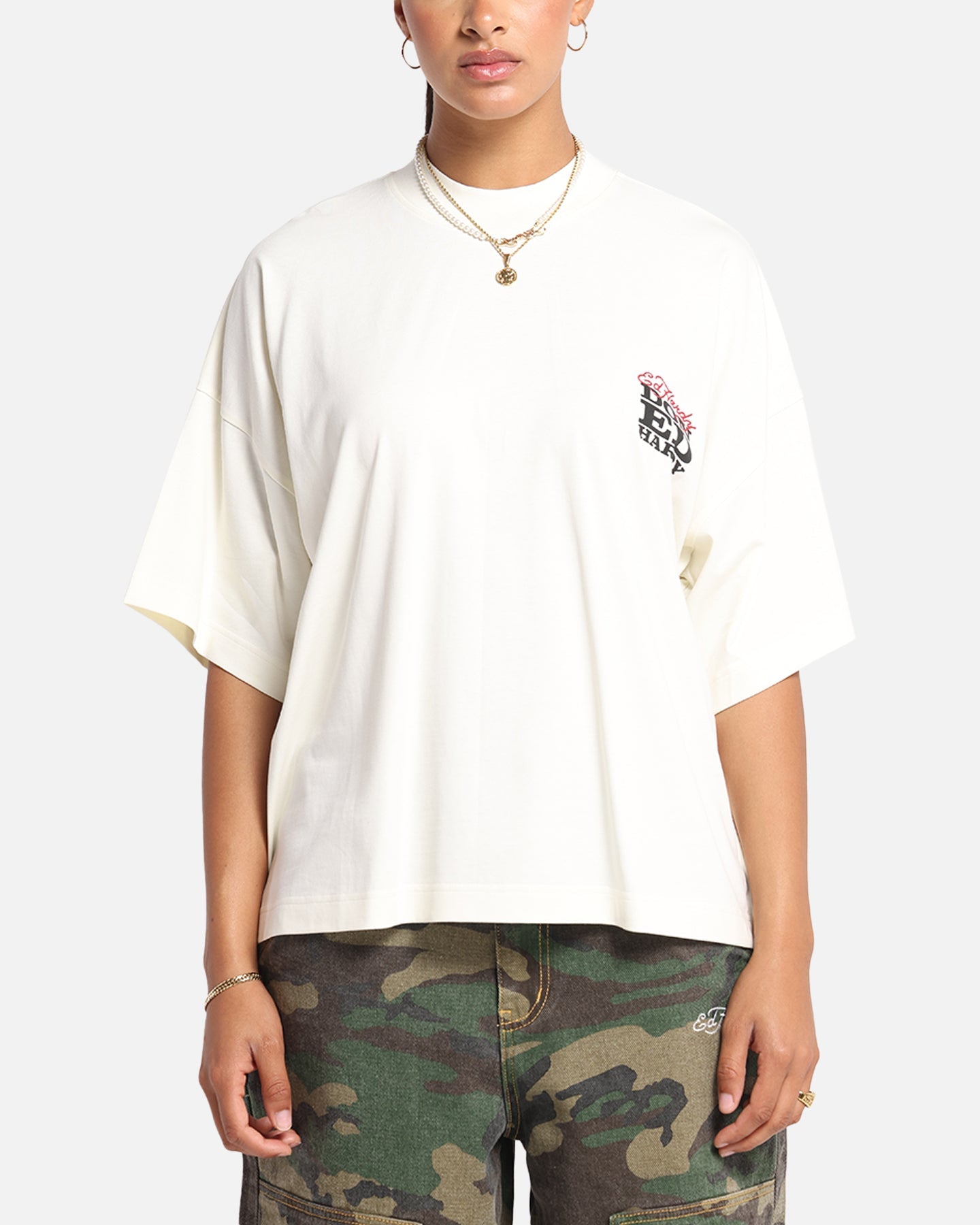 Ed Hardy Rose Skull Oversized Print T-Shirt Off White Style001