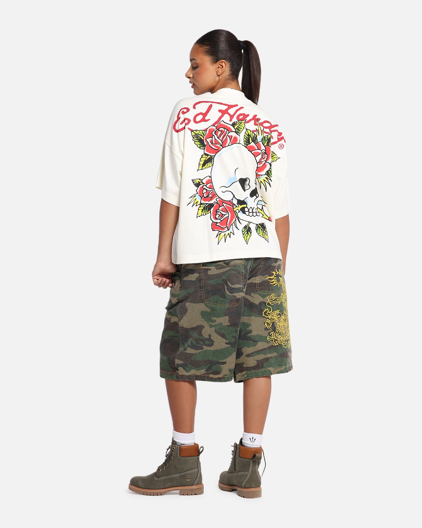 Ed Hardy Rose Skull Oversized Print T-Shirt Off White Style001