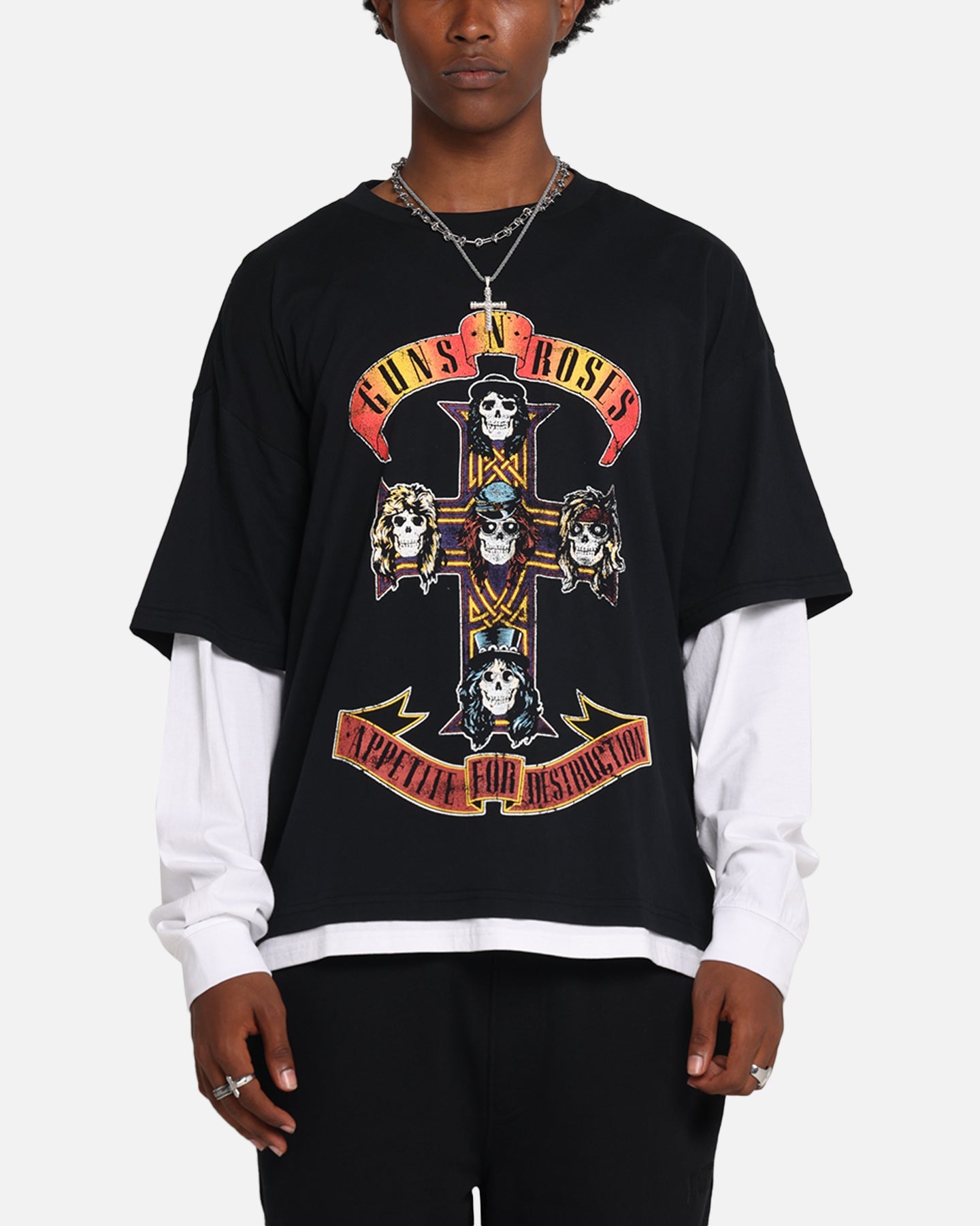 G N Roses Roses Layered Long Sleeve T-Shirt Black Wash