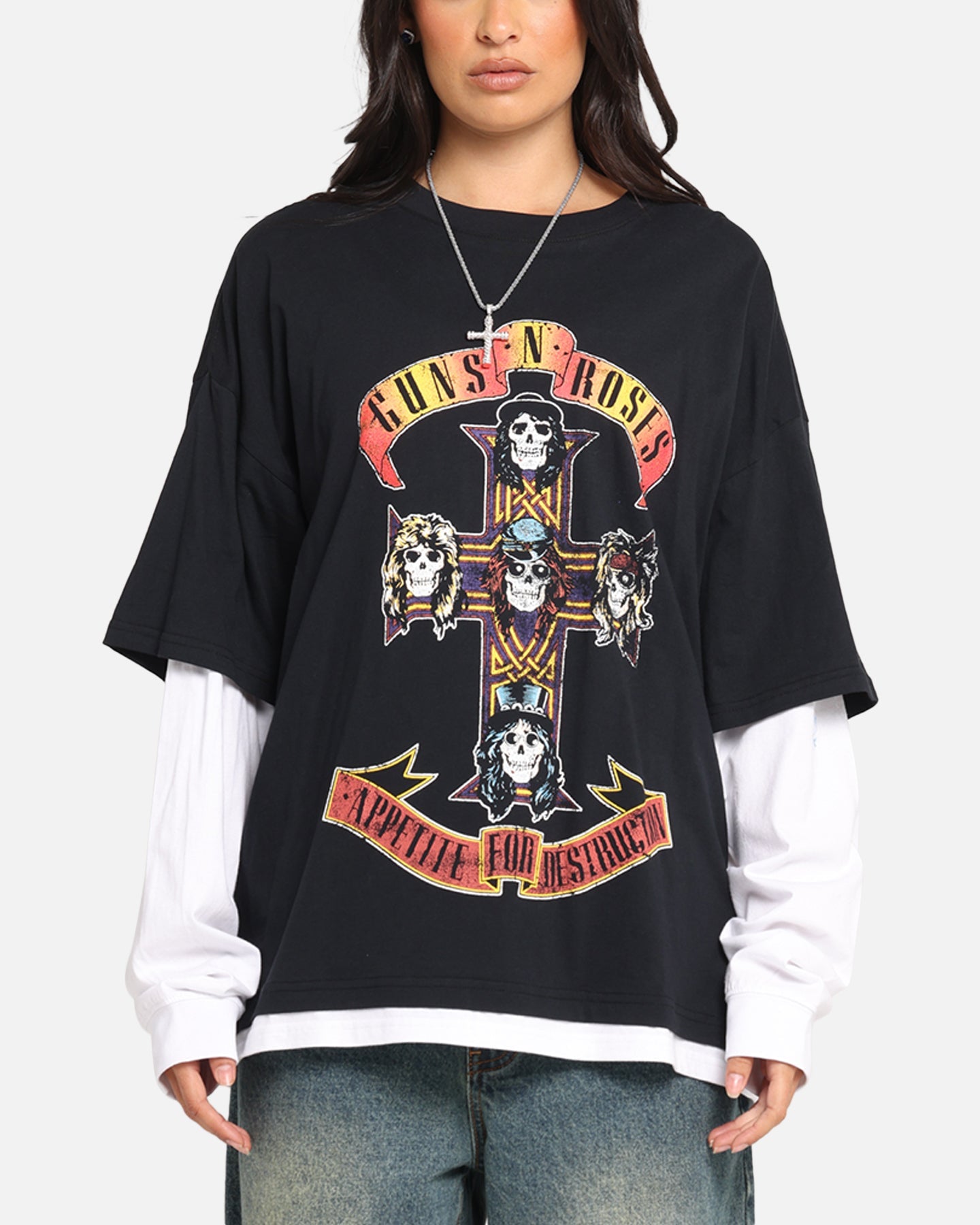 G N Roses Roses Layered Long Sleeve T-Shirt Black Wash Style001