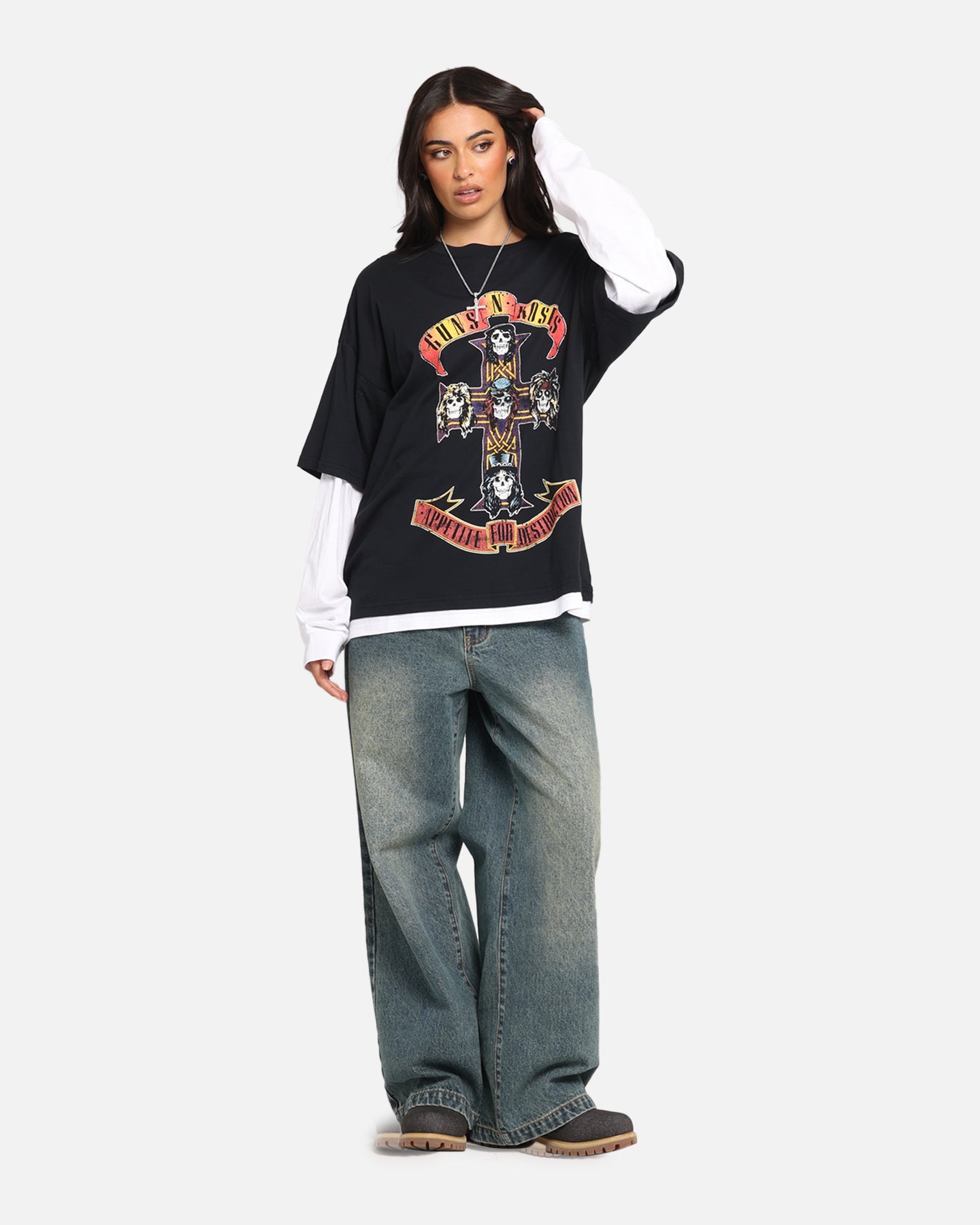 G N Roses Roses Layered Long Sleeve T-Shirt Black Wash Style001