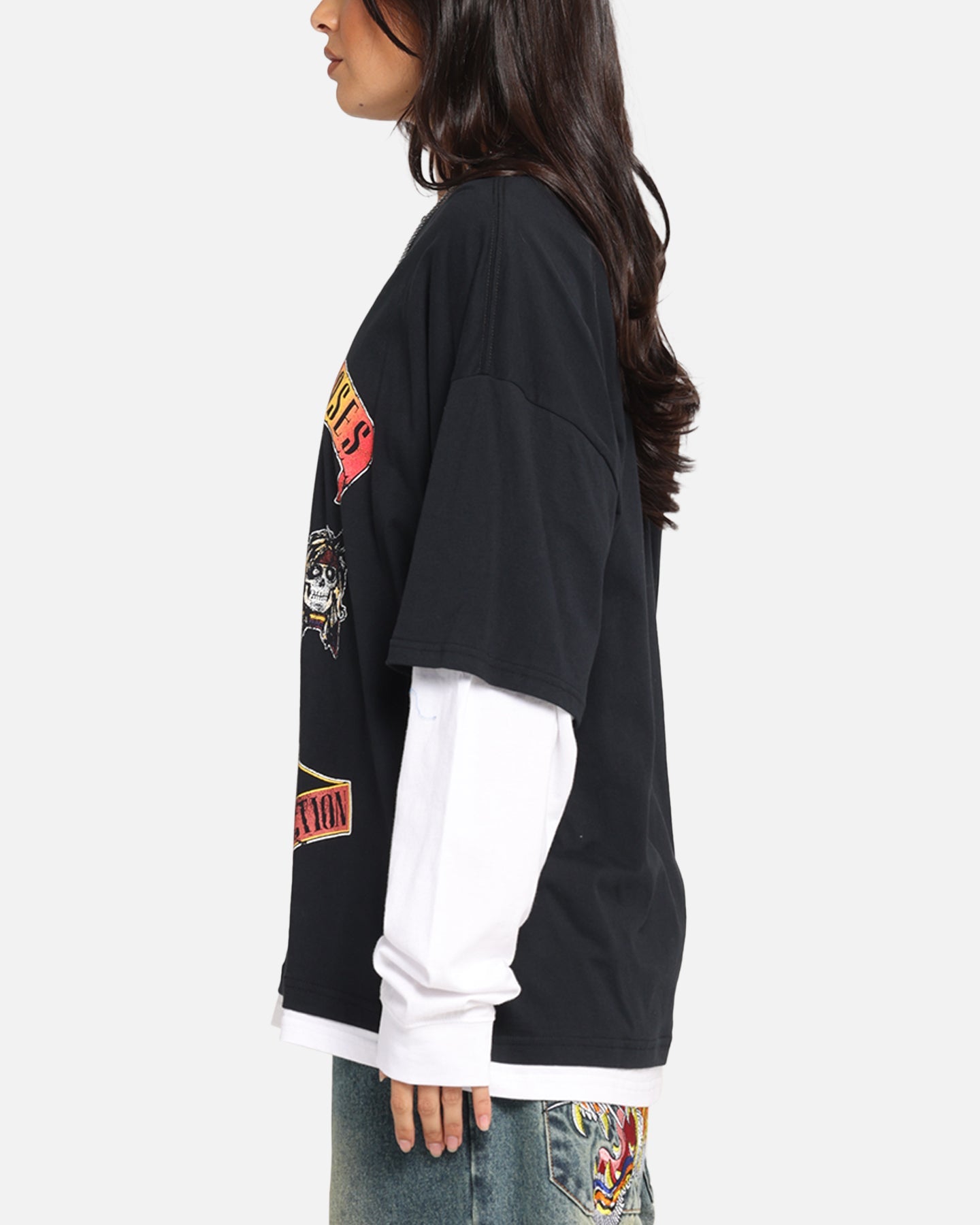 G N Roses Roses Layered Long Sleeve T-Shirt Black Wash Style001