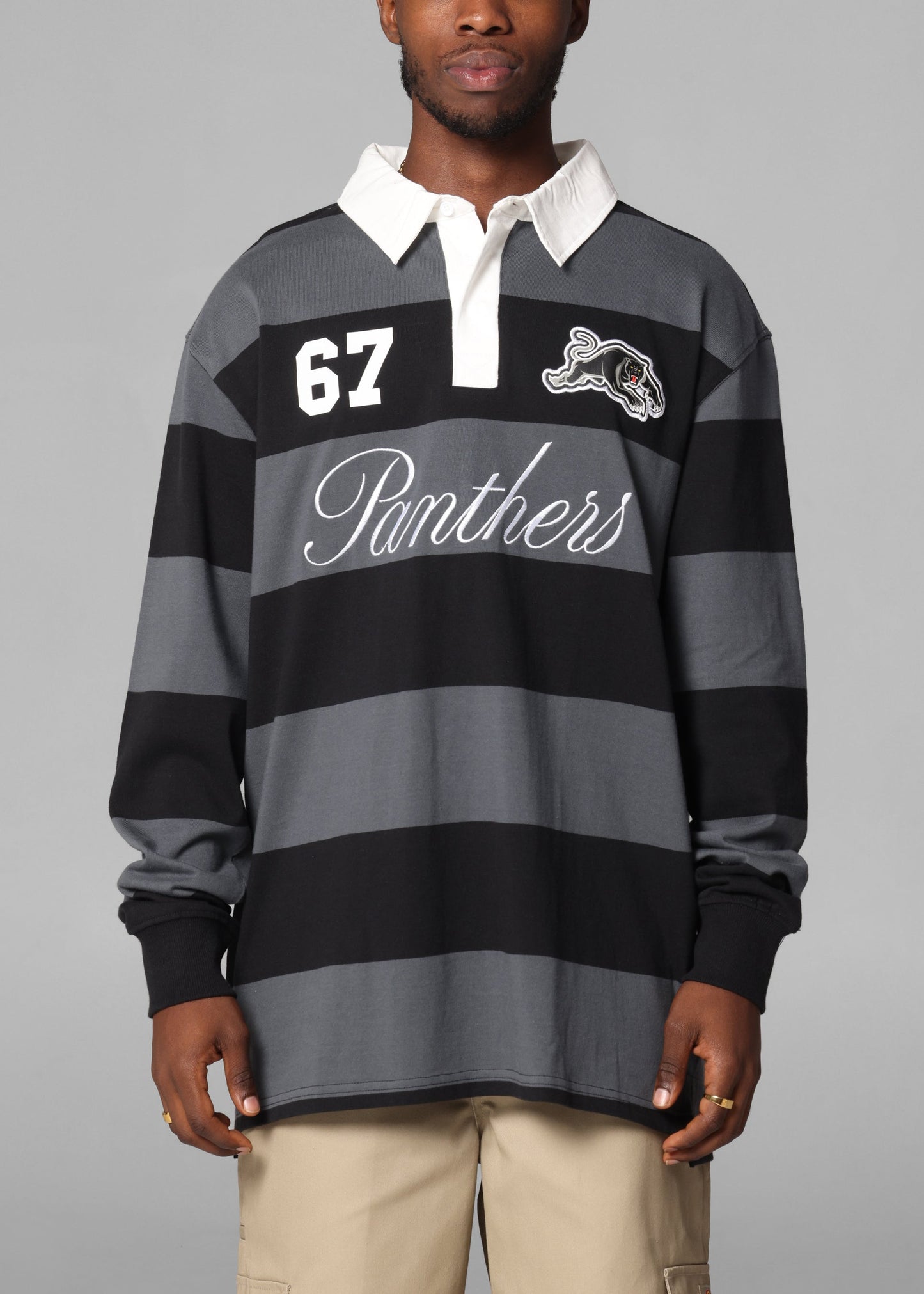 Bleacher Athletic Penrith Panthers NRL Stripe Rugby Polo Shirt Official Team Colour