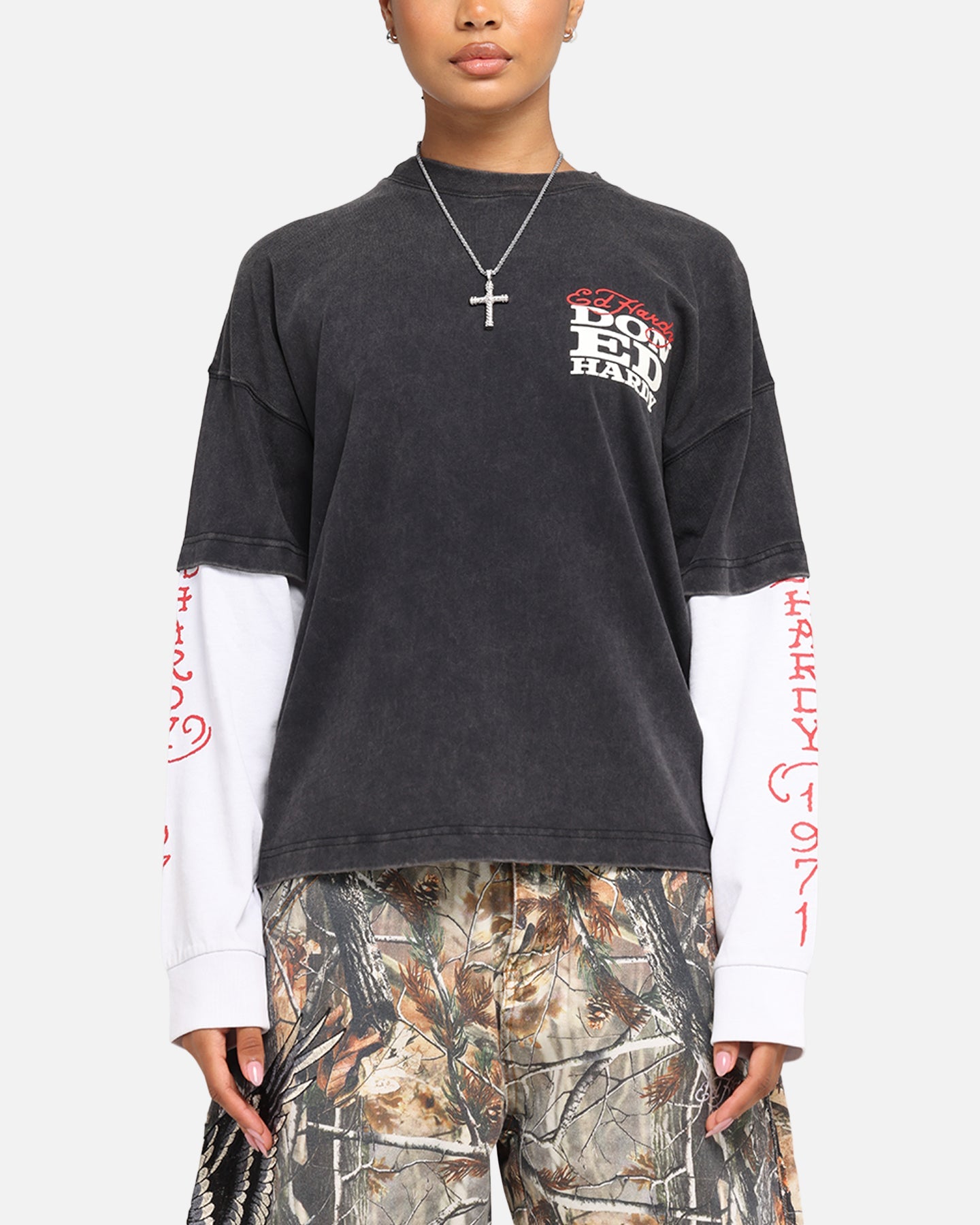 Ed Hardy Love Kills Layered Long Sleeve T-Shirt Black Style001