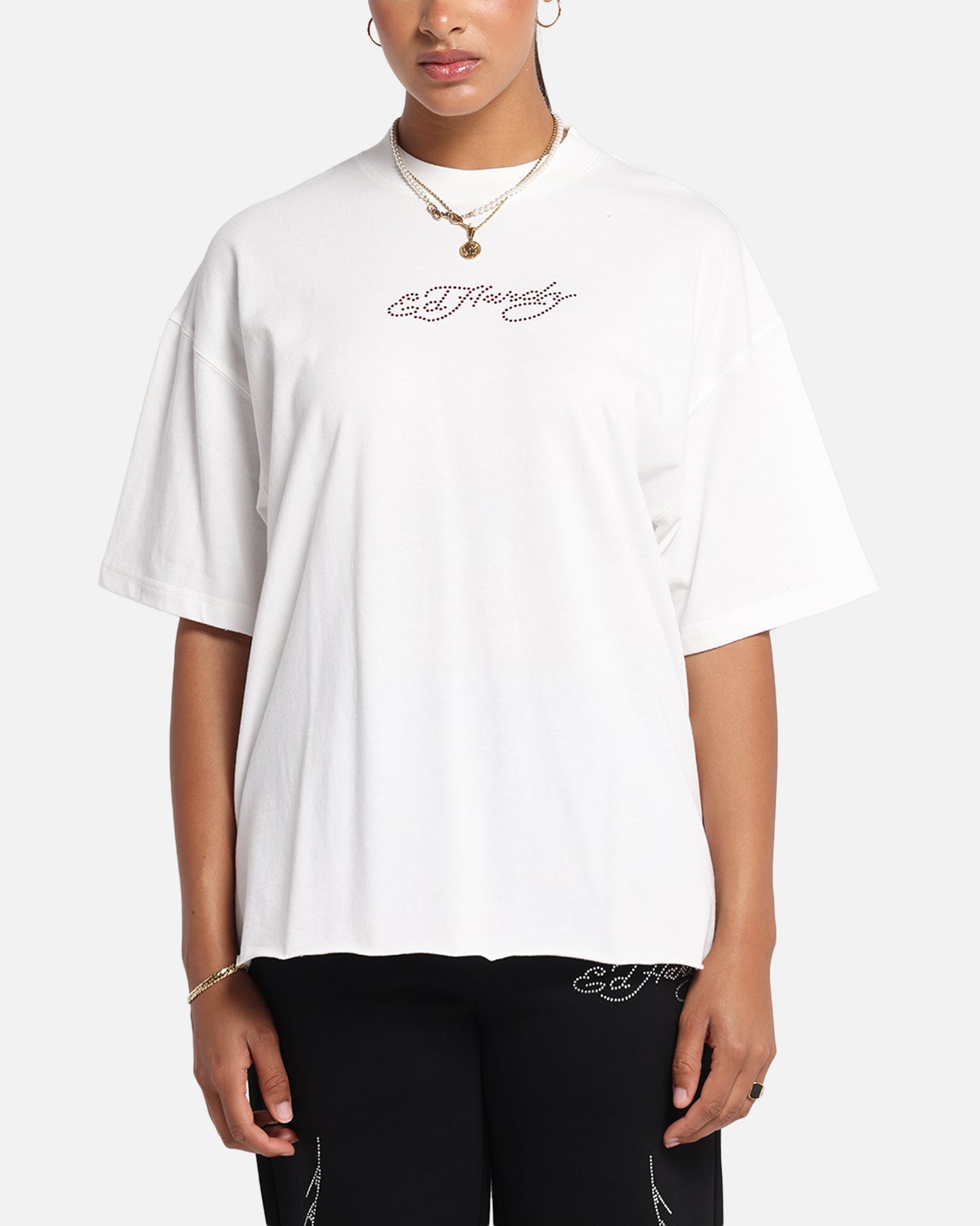 Ed Hardy Techno Rhinestone T-Shirt Off White Style001