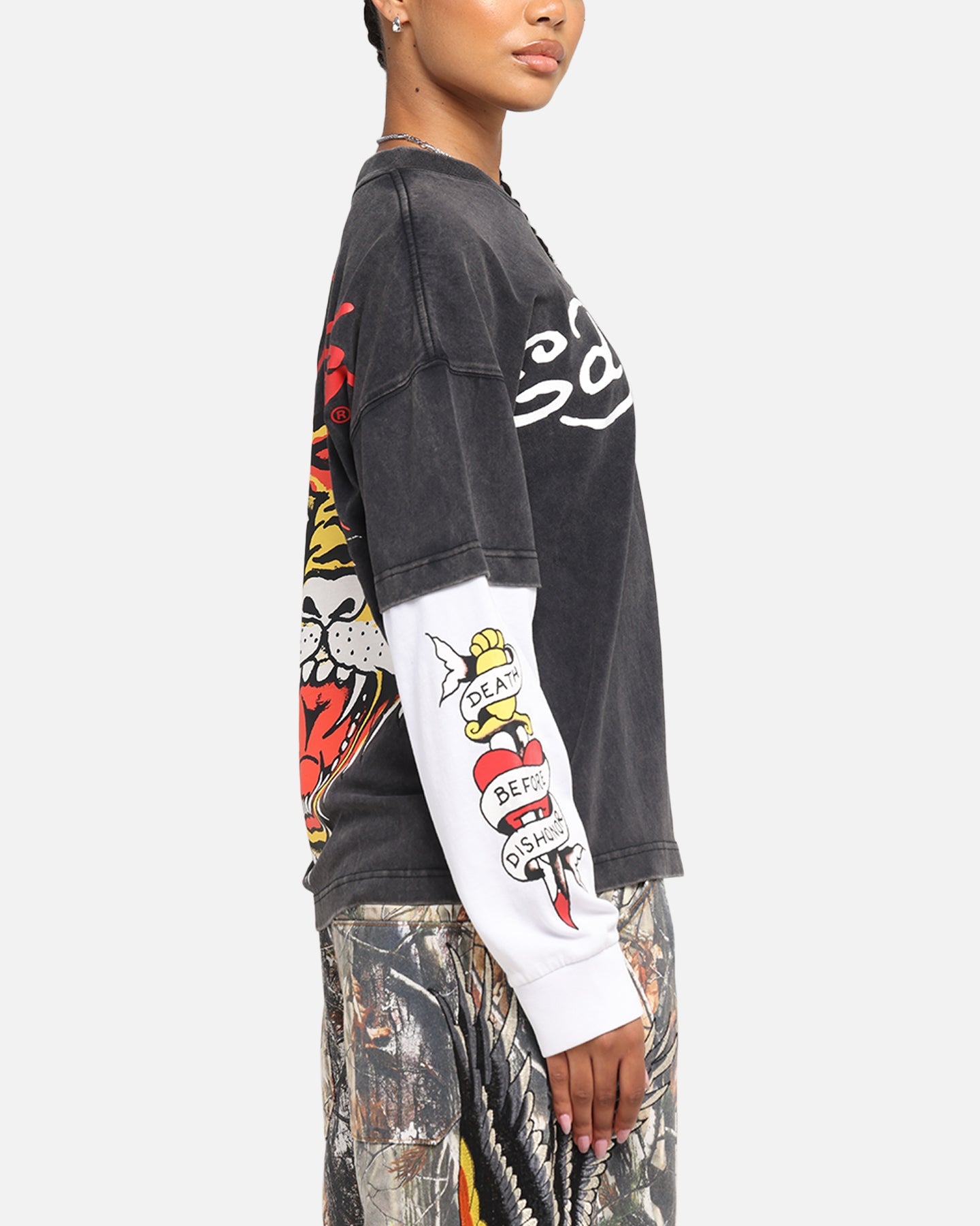 Ed Hardy Tiger Layered Long Sleeve T-Shirt Black Style001