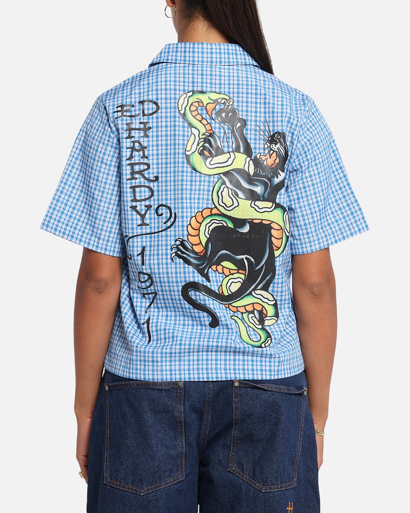 Ed Hardy Panther Button-Up Shirt Blue Style001