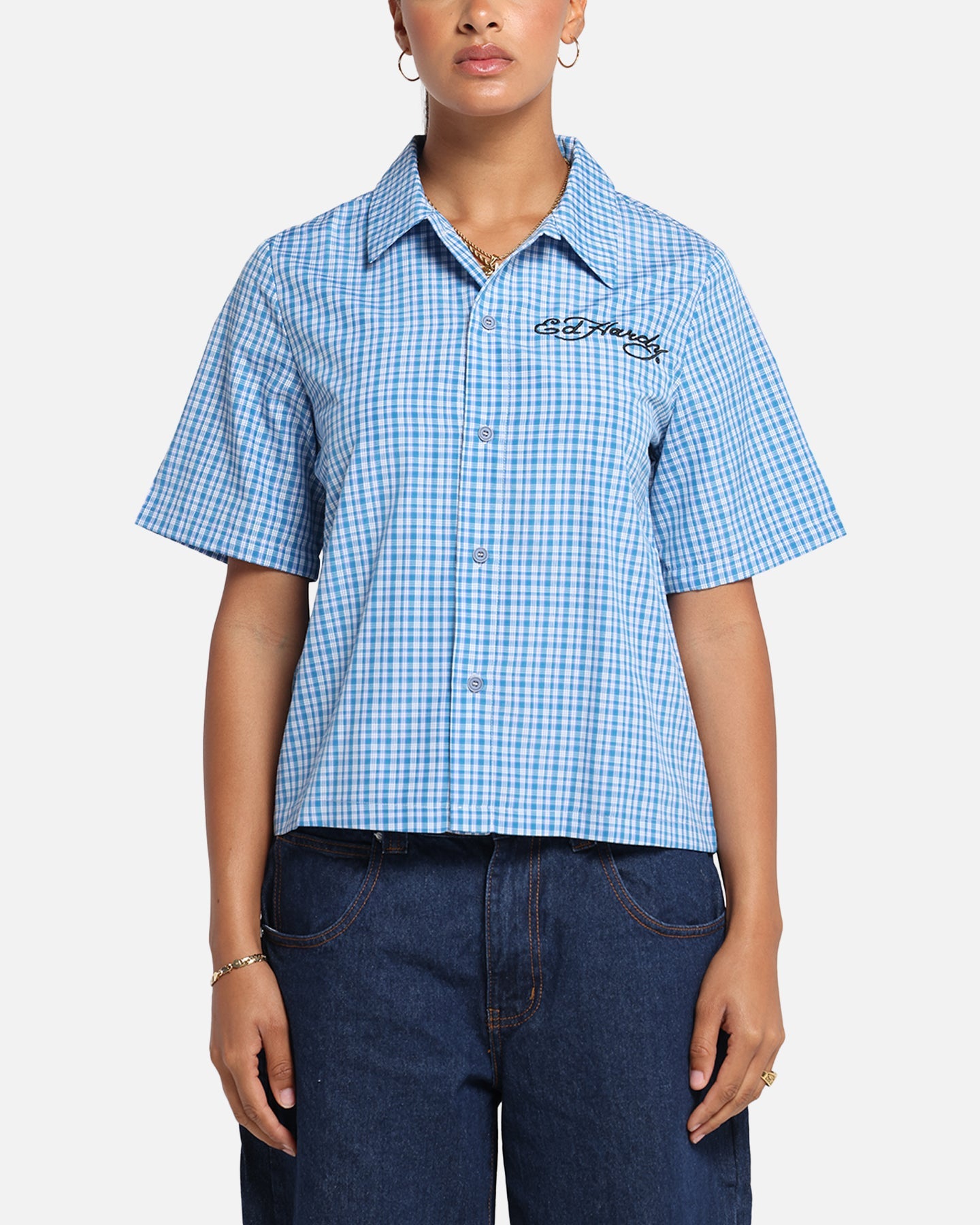 Ed Hardy Panther Button-Up Shirt Blue Style001