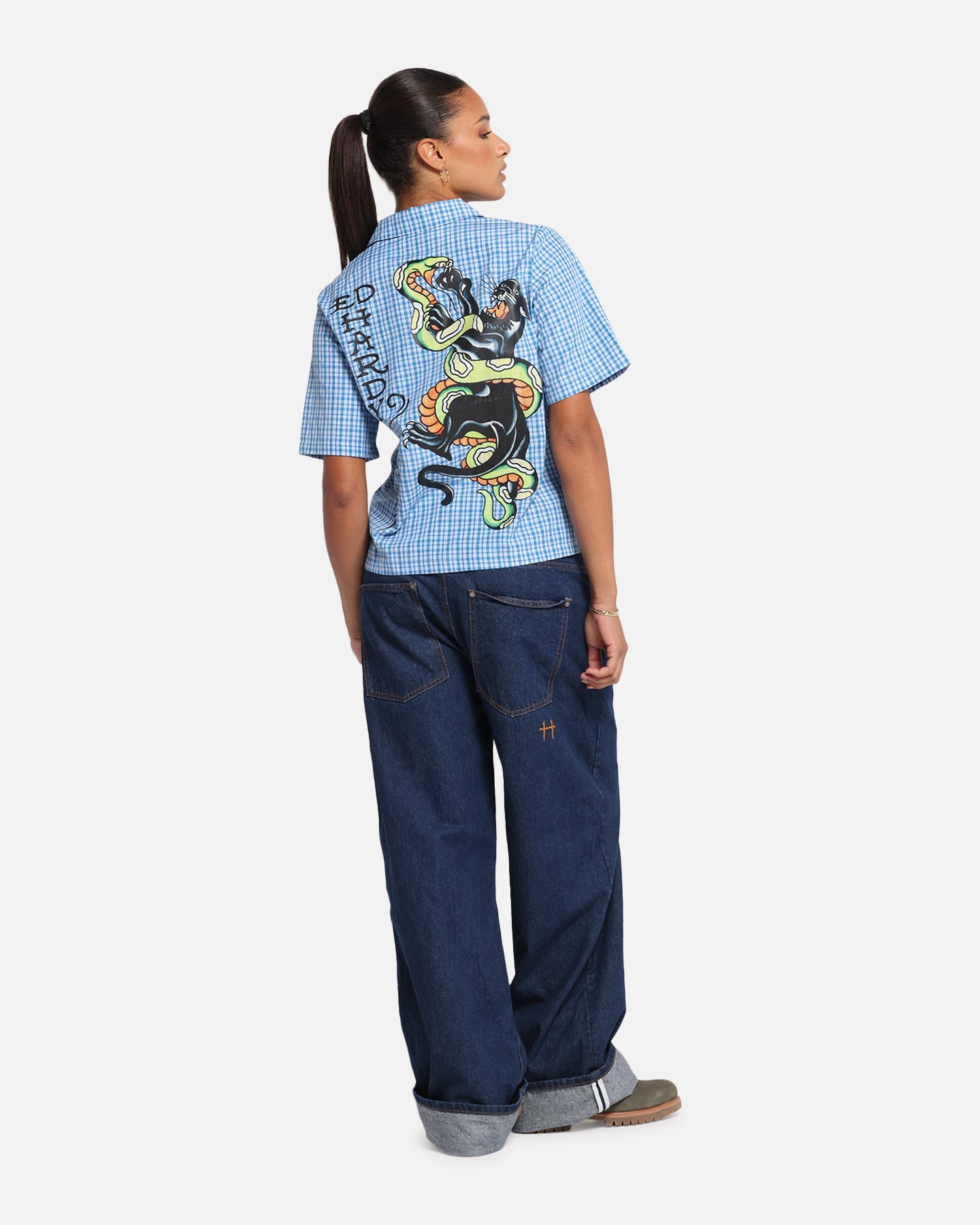 Ed Hardy Panther Button-Up Shirt Blue Style001
