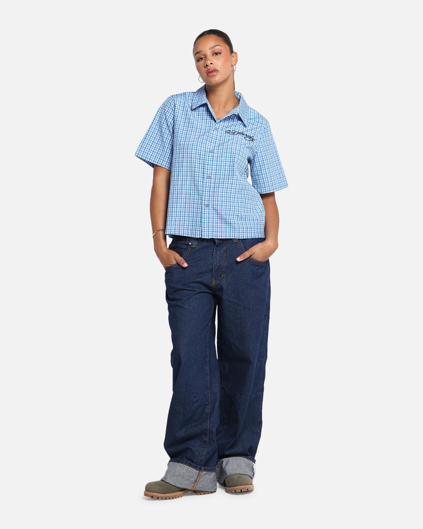 Ed Hardy Panther Button-Up Shirt Blue Style001