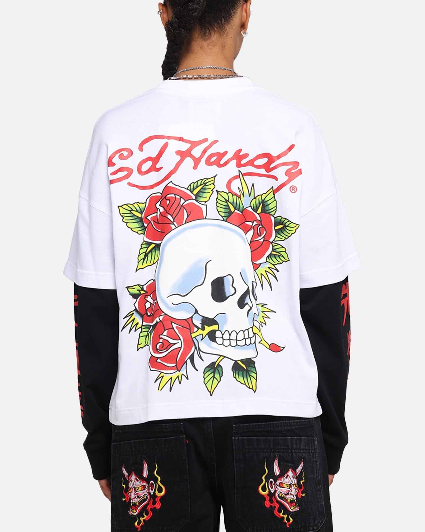 Ed Hardy Skull Layered Long Sleeve T-Shirt White Style001