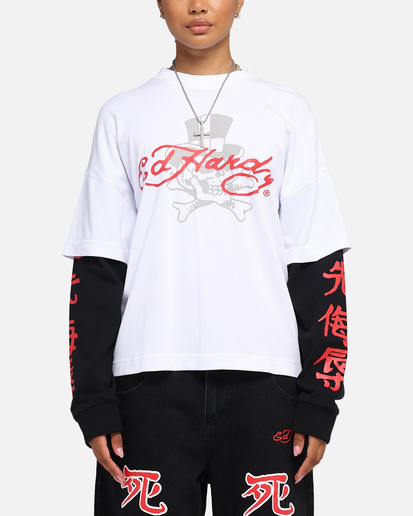 Ed Hardy Skull Layered Long Sleeve T-Shirt White Style001