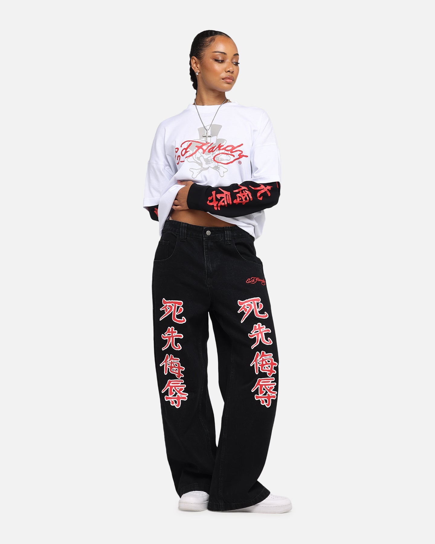 Ed Hardy Skull Layered Long Sleeve T-Shirt White Style001
