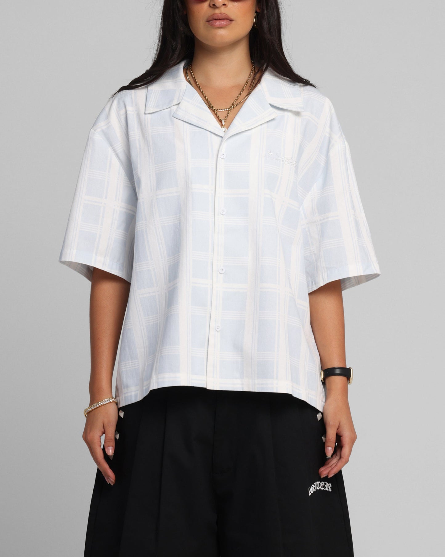 Loiter Daytona Button Up Shirt Blue Check Style001