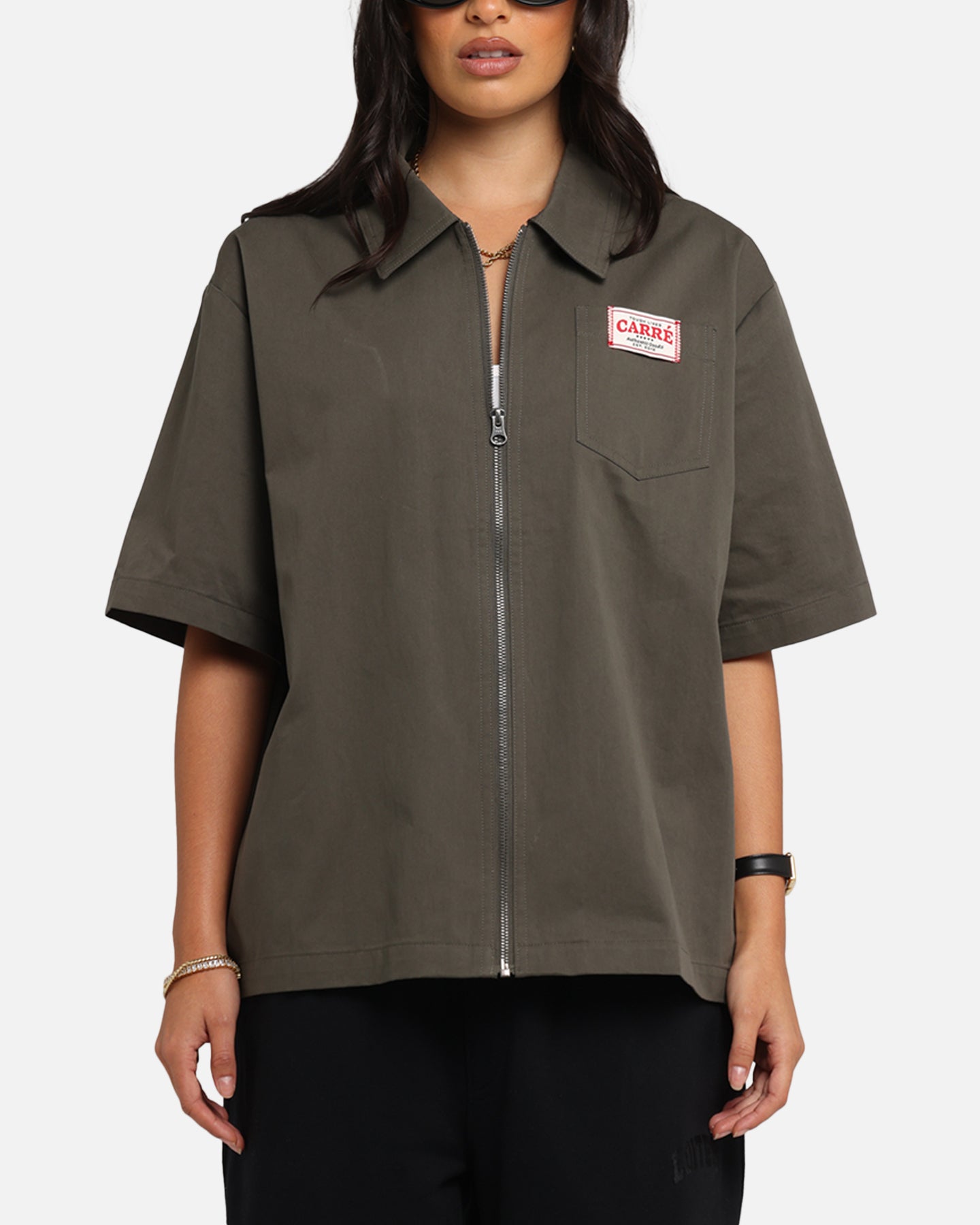 Carre Workwear Zip Up Shirt Khaki Style001