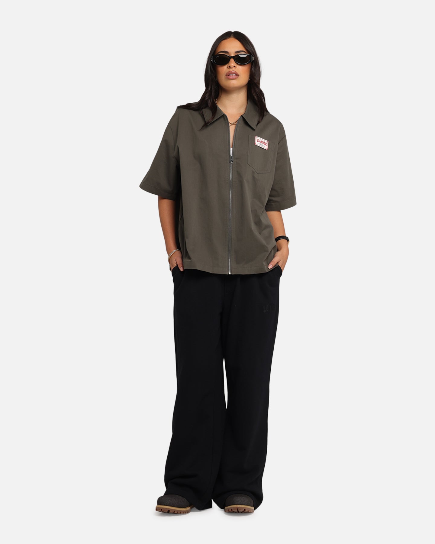 Carre Workwear Zip Up Shirt Khaki Style001
