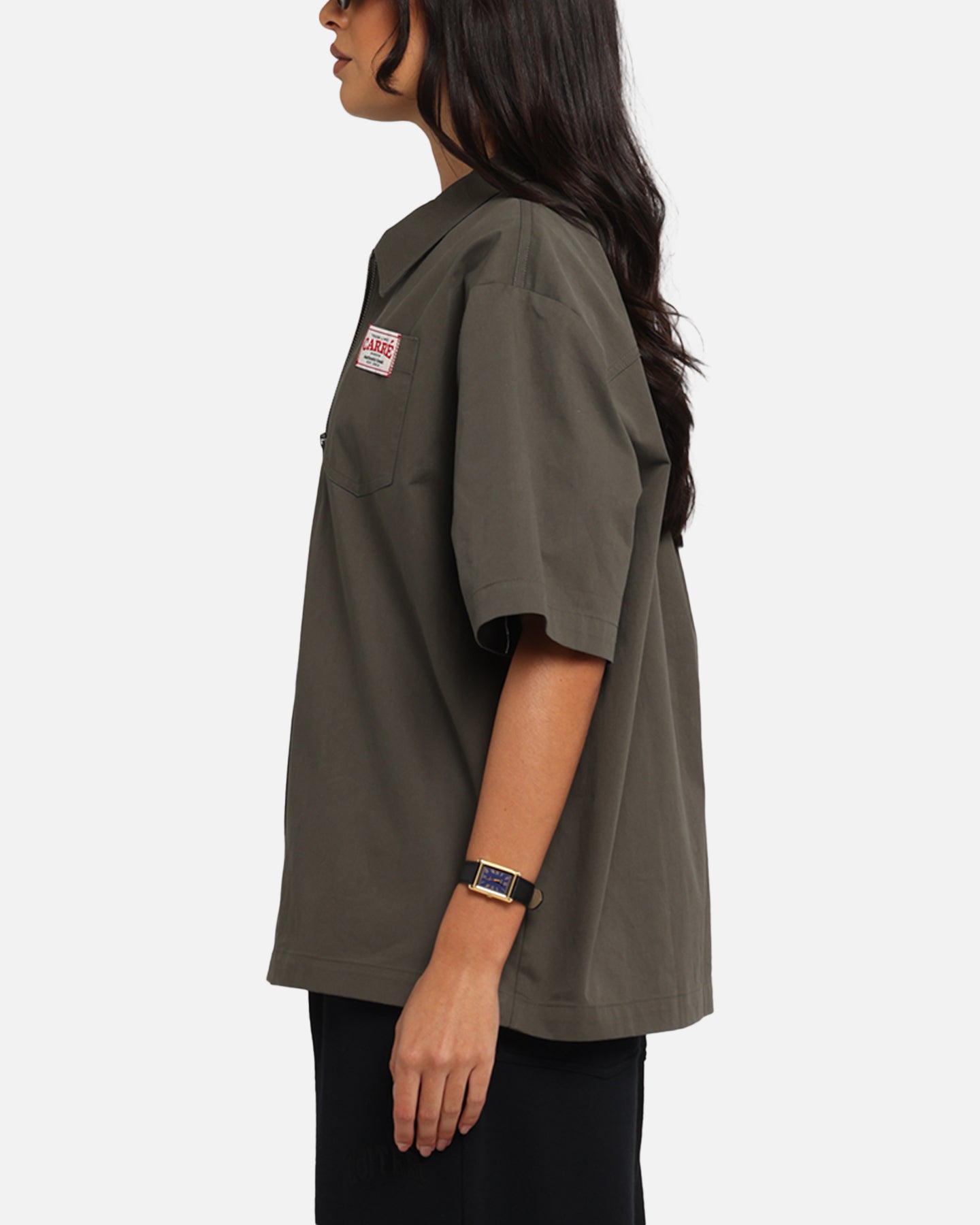 Carre Workwear Zip Up Shirt Khaki Style001