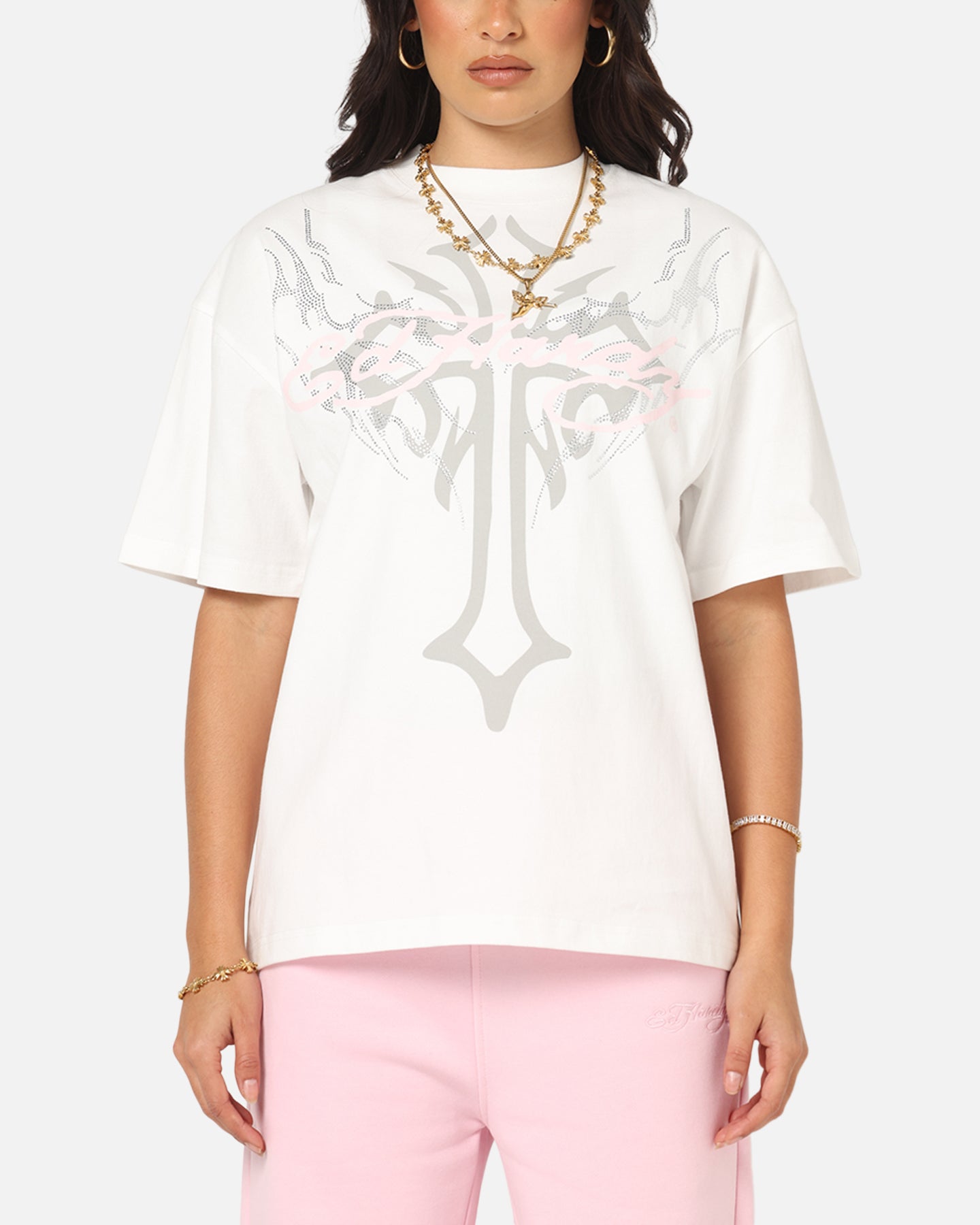 Ed Hardy Trinity Rhinestone T-Shirt Off White Style001