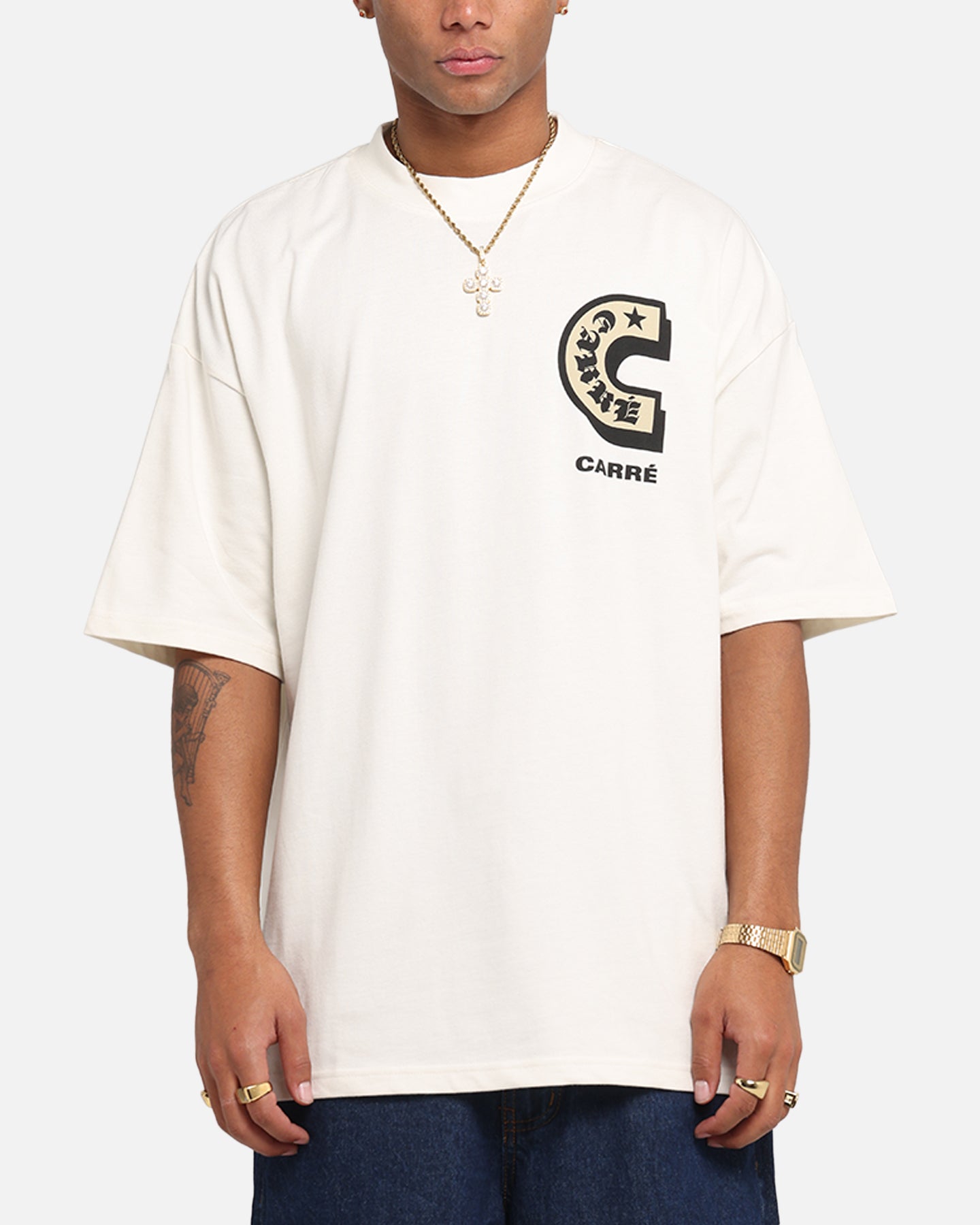 Carre Sacred Letter Mock Neck T-Shirt Off White
