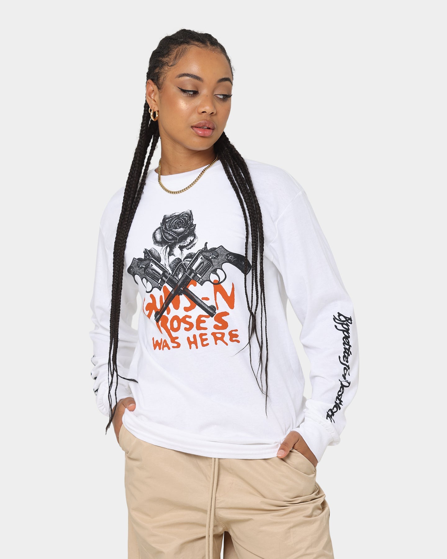 Guns n Roses Pistol Track Long Sleeve T-Shirt White Style001