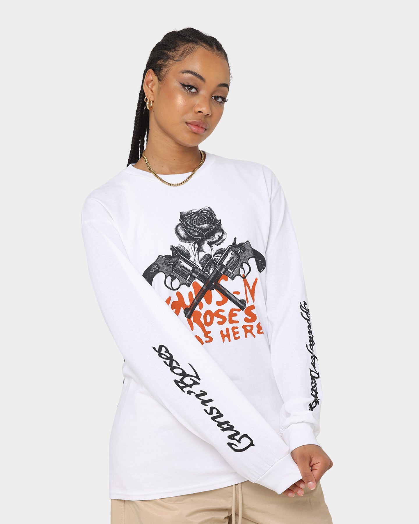 Guns n Roses Pistol Track Long Sleeve T-Shirt White Style001
